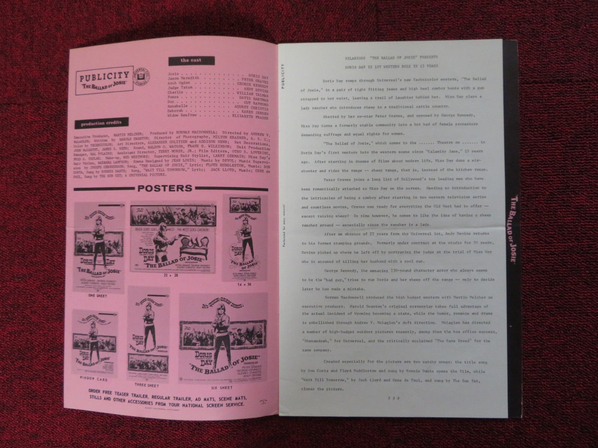 THE BALLAD OF JOSIE - PRESSBOOK UNCUT UNIVERSAL CITY STUDIOS DORIS DAY 1967 Rendezvous Cinema Movie posters