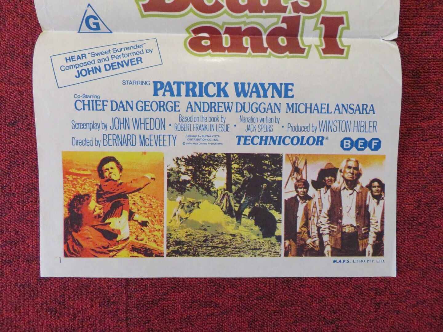 THE BEARS AND I FOLDED AUSTRALIAN DAYBILL POSTER DISNEY PATRICK WAYNE 1974 Movie posters