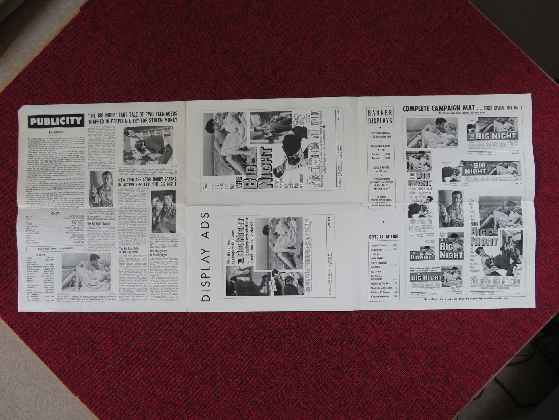 THE BIG NIGHT UNCUT PARAMOUNT FOLDED PRESS BOOK RANDY SPARKS V. STEVENSON 1960 Rendezvous Cinema Movie posters