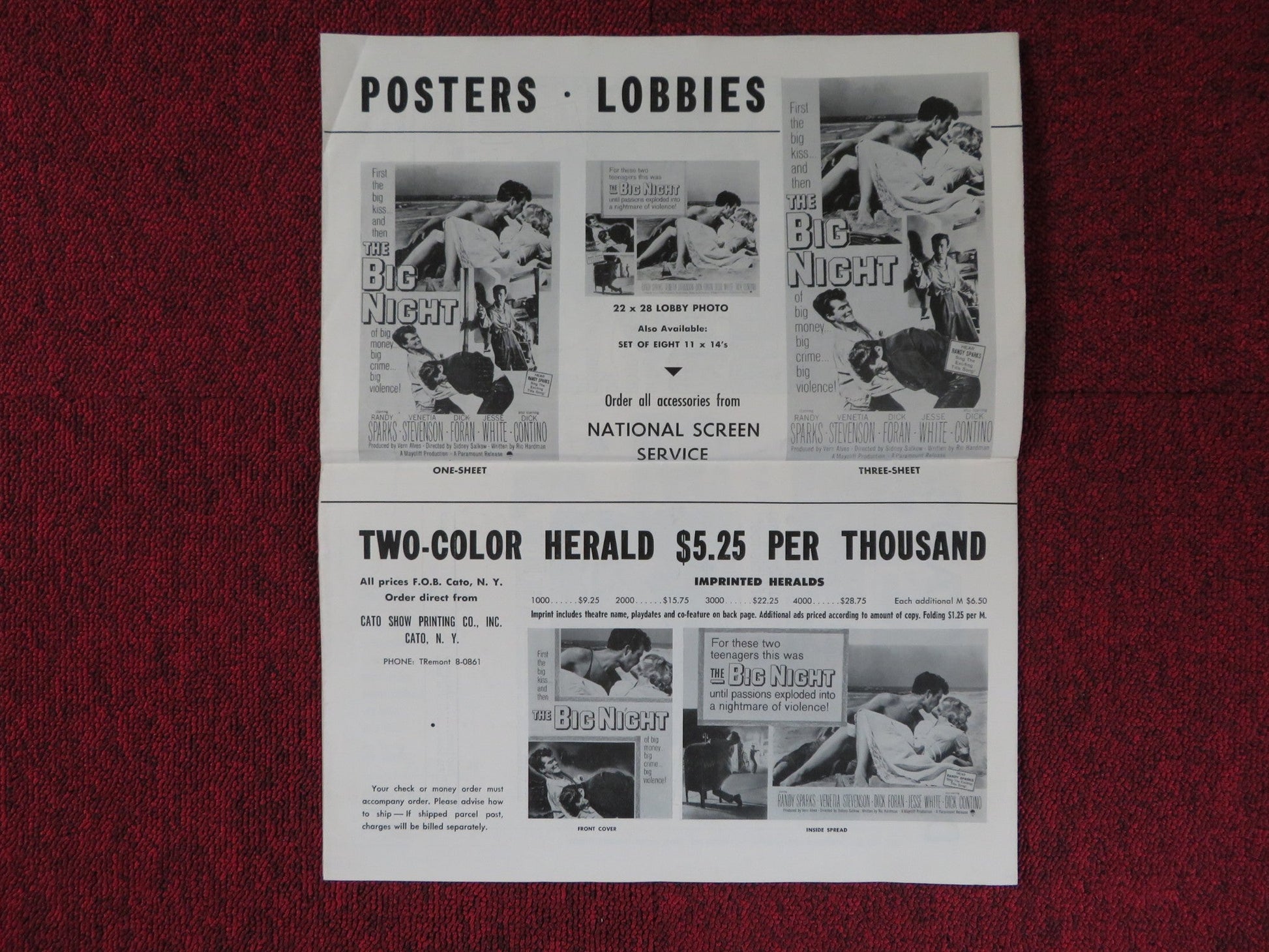 THE BIG NIGHT UNCUT PARAMOUNT FOLDED PRESS BOOK RANDY SPARKS V. STEVENSON 1960 Rendezvous Cinema Movie posters