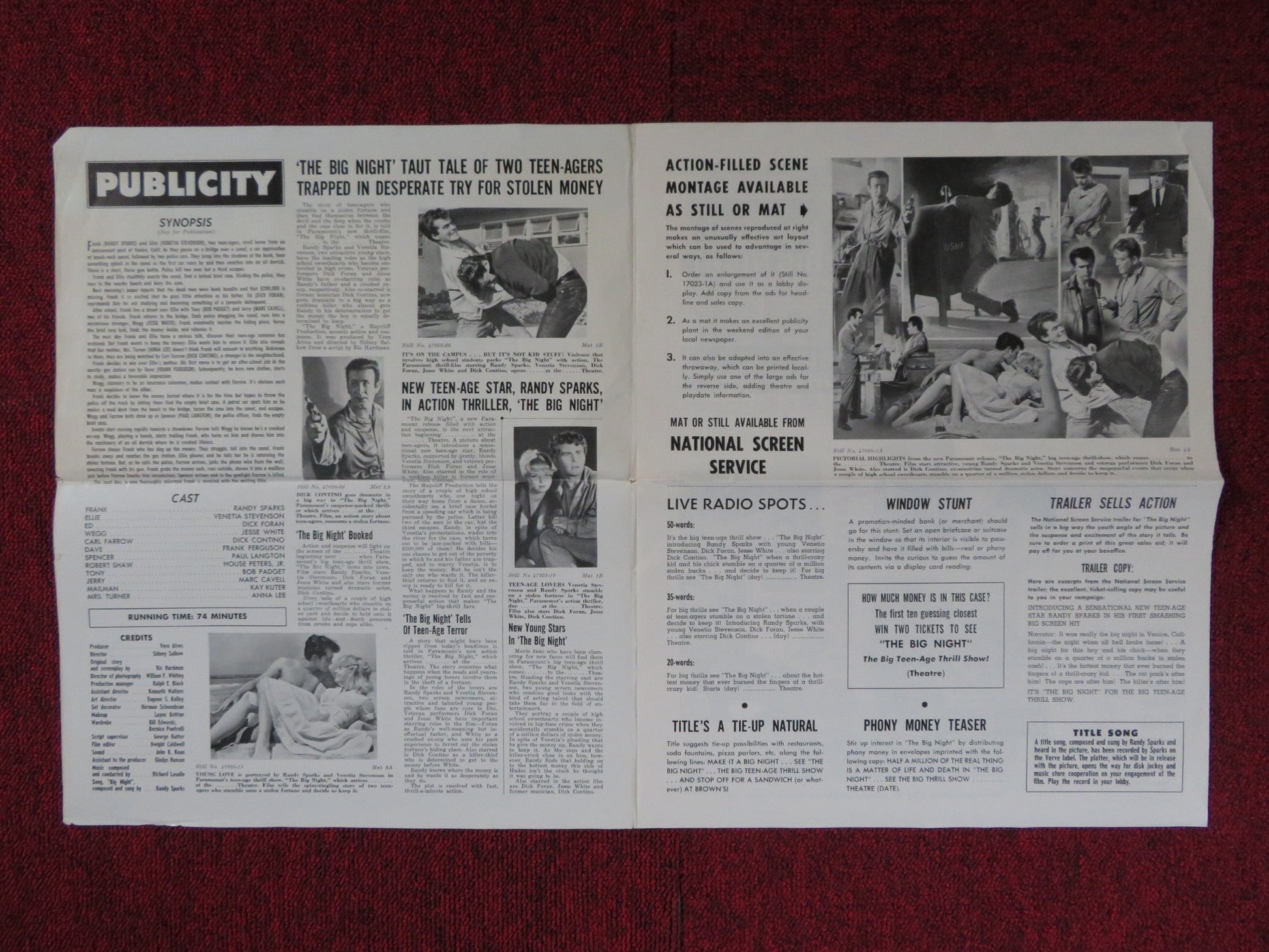 THE BIG NIGHT UNCUT PARAMOUNT FOLDED PRESS BOOK RANDY SPARKS V. STEVENSON 1960 Rendezvous Cinema Movie posters
