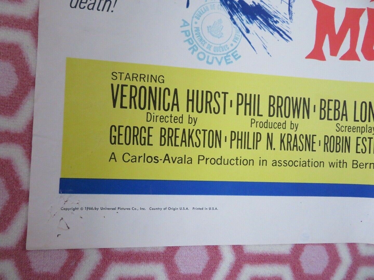 THE BOY CRIED MURDER ONE SHEET POSTER FOLDED VERONICA HURST PHIL BROWN 1966 Rendezvous Cinema Movie posters