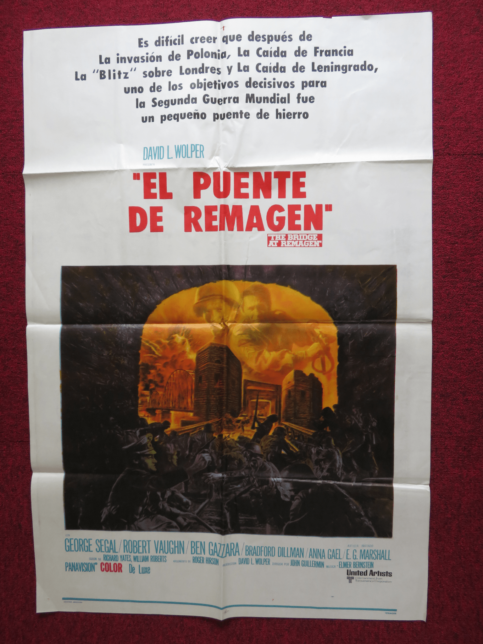 THE BRIDGE AT REMAGEN FOLDED ARGENTINA ONE SHEET POSTER G. SEGAL R. VAUGHN 1969 Rendezvous Cinema Movie posters