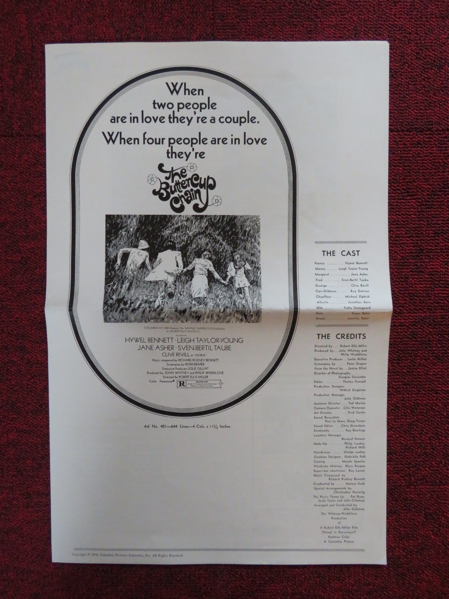THE BUTTERCUP CHAIN UNCUT COLUMBIA PICTURES FOLDED PRESS BOOK TAYLOR - YOUNG 1970 Rendezvous Cinema Movie posters