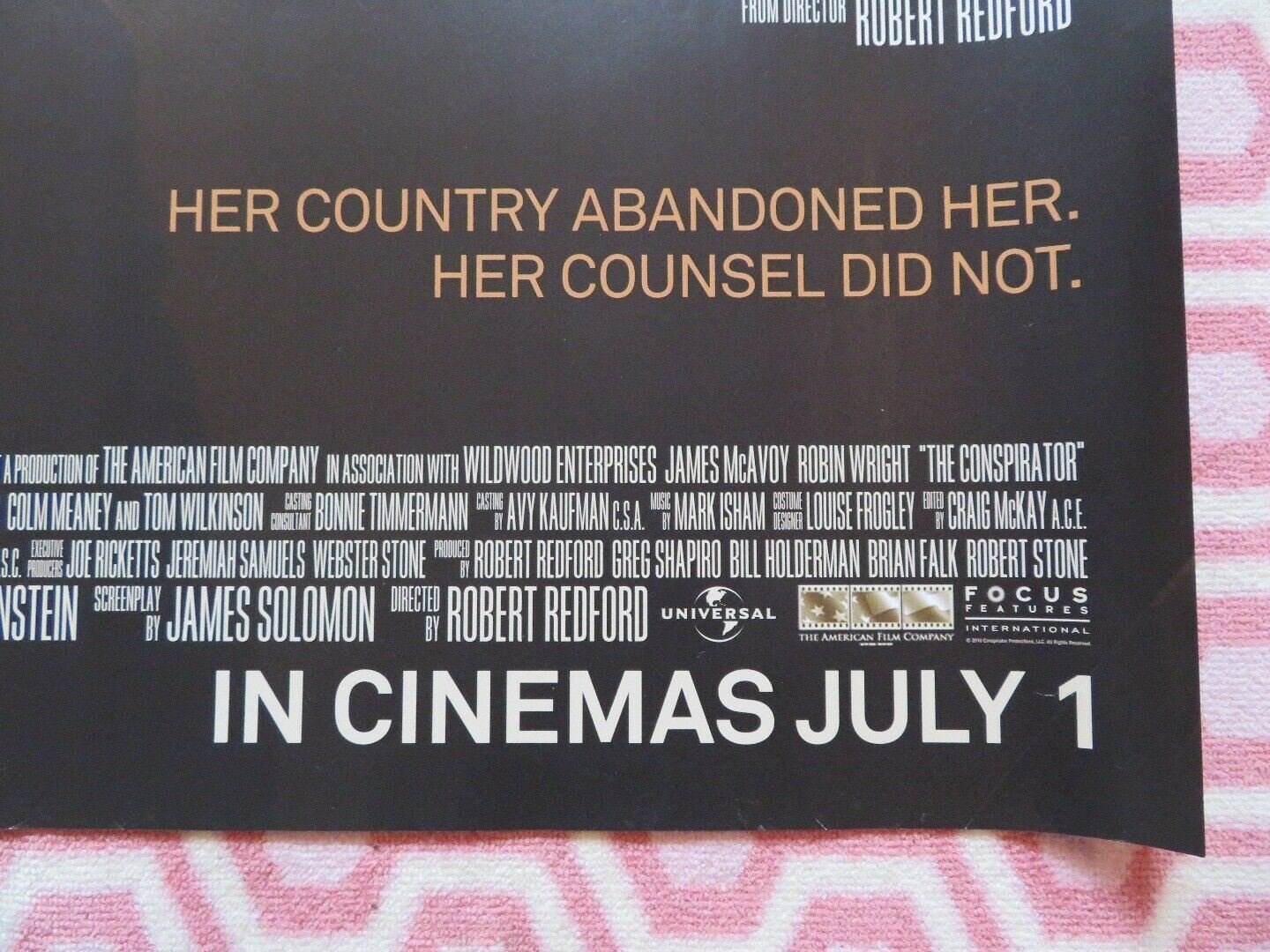 THE CONSPIRATOR QUAD (30"x 40") ROLLED POSTER JAME MCAVOY ROBIN WRIGHT 2010 Movie posters