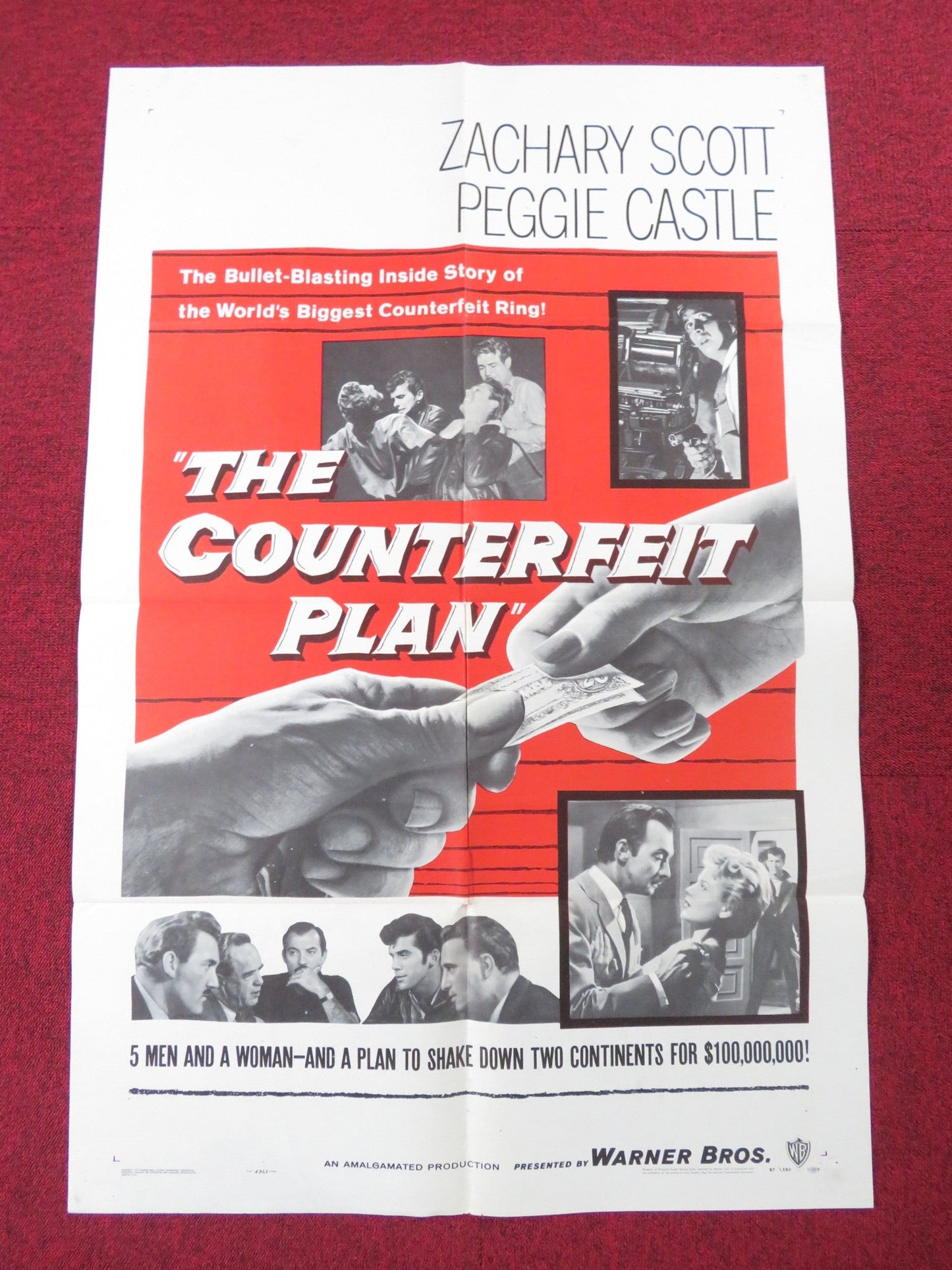 THE COUNTERFEIT PLAN FOLDED US ONE SHEET POSTER ZACHARY SCOTT PEGGIE CASTLE 1957 Rendezvous Cinema Movie posters