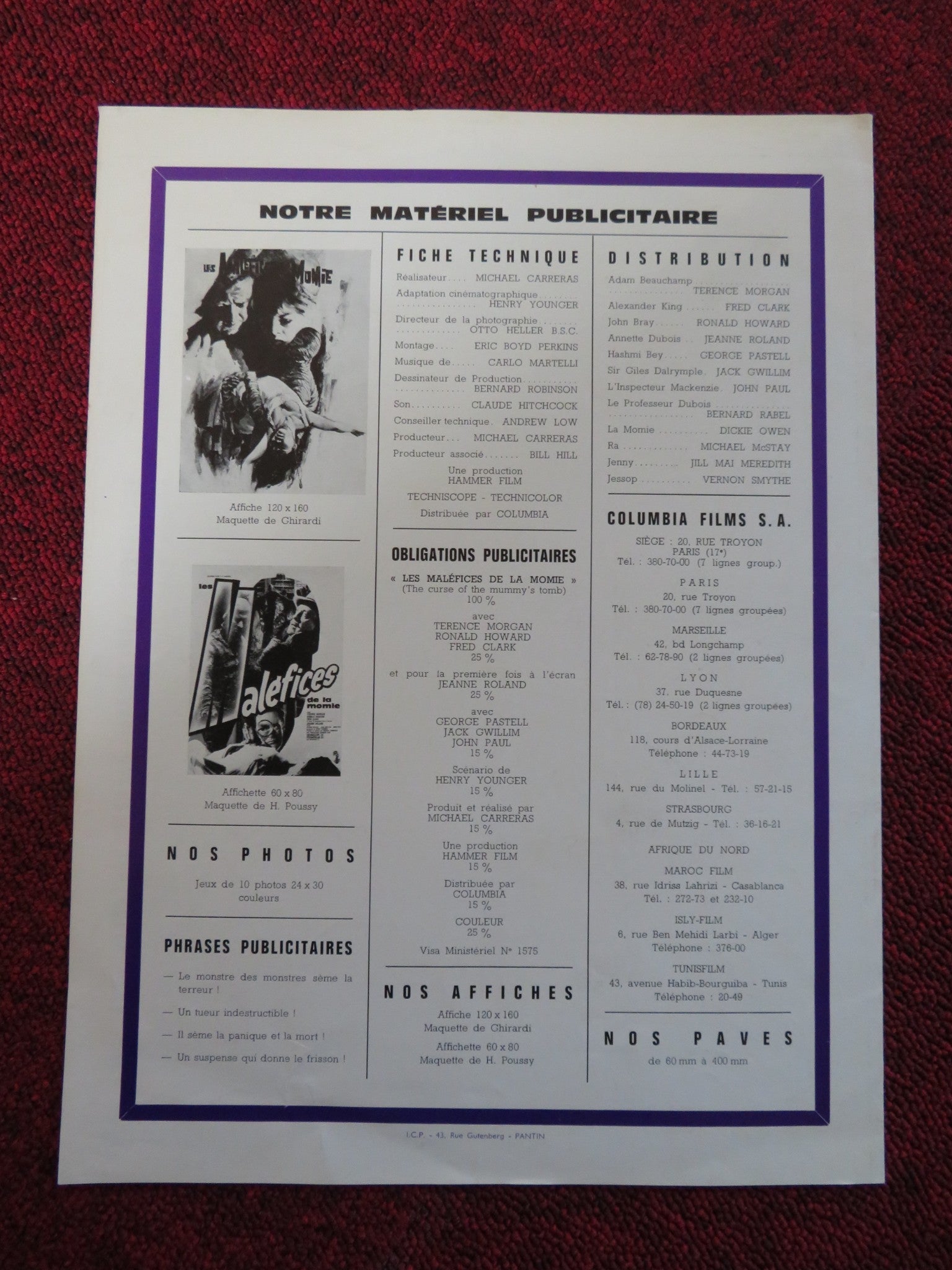 THE CURSE OF THE MUMMY'S TOMB FRENCH BROCHURE TERENCE MORGAN RONLAD HOWARD 1964 Rendezvous Cinema Movie posters
