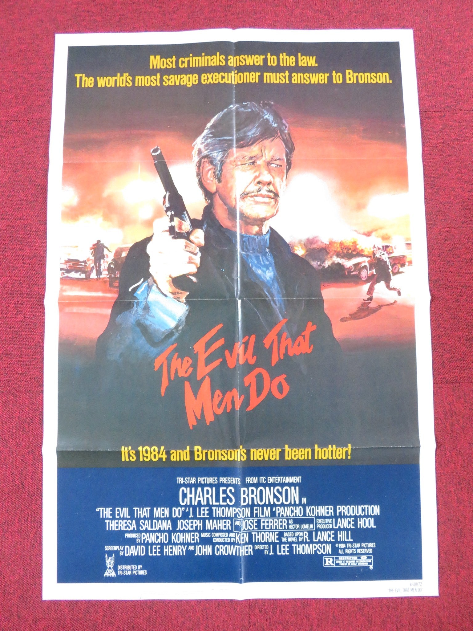 THE EVIL THAT MEN DO FOLDED US ONE SHEET POSTER CHARLES BRONSON T. SALDANA 1984 Rendezvous Cinema Movie posters