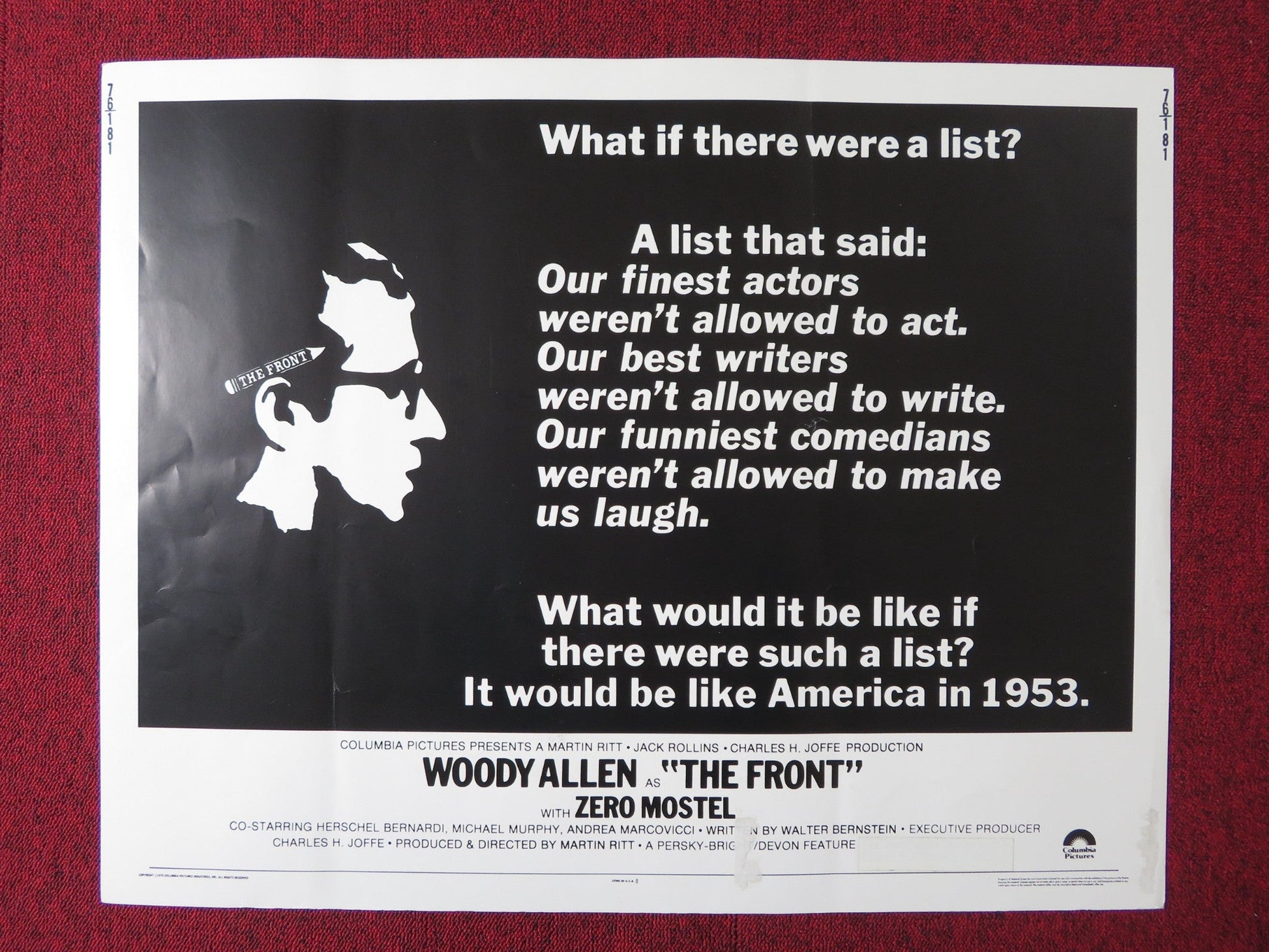 THE FRONT US HALF SHEET (22"x 28") POSTER WOODY ALLEN ZERO MOSTEL 1976 Rendezvous Cinema Movie posters