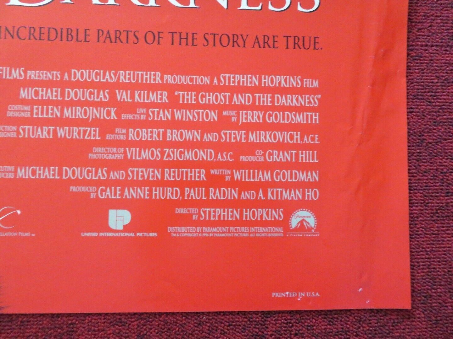 THE GHOST AND THE DARKNESS FOLDED US ONE SHEET POSTER MICHAEL DOUGLASS 1996 Movie posters