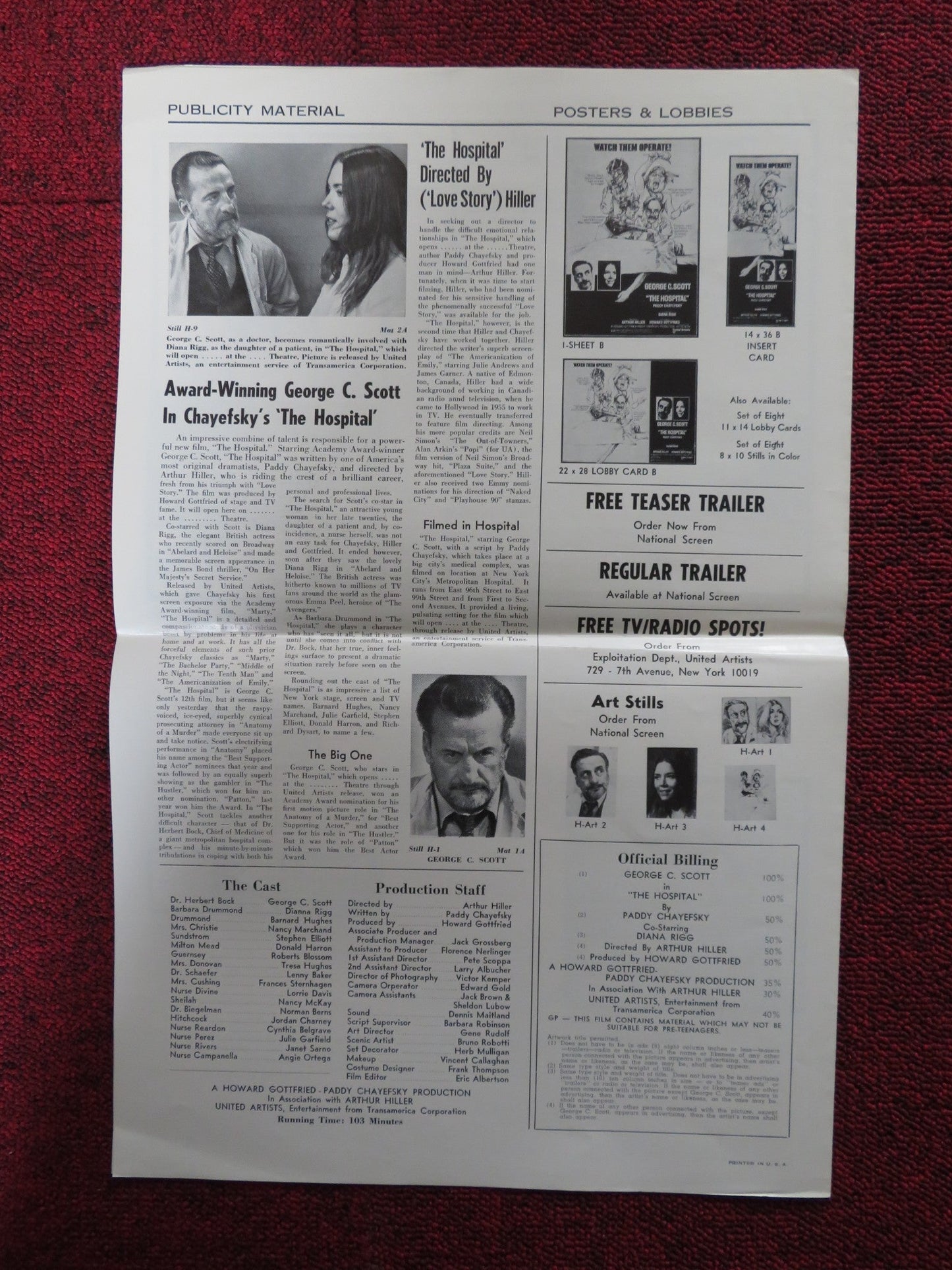 THE HOSPITAL - PRESSBOOK UNCUT UNITED ARTISTS GEORGE C. SCOTT DIANA RIGG 1971 Rendezvous Cinema Movie posters