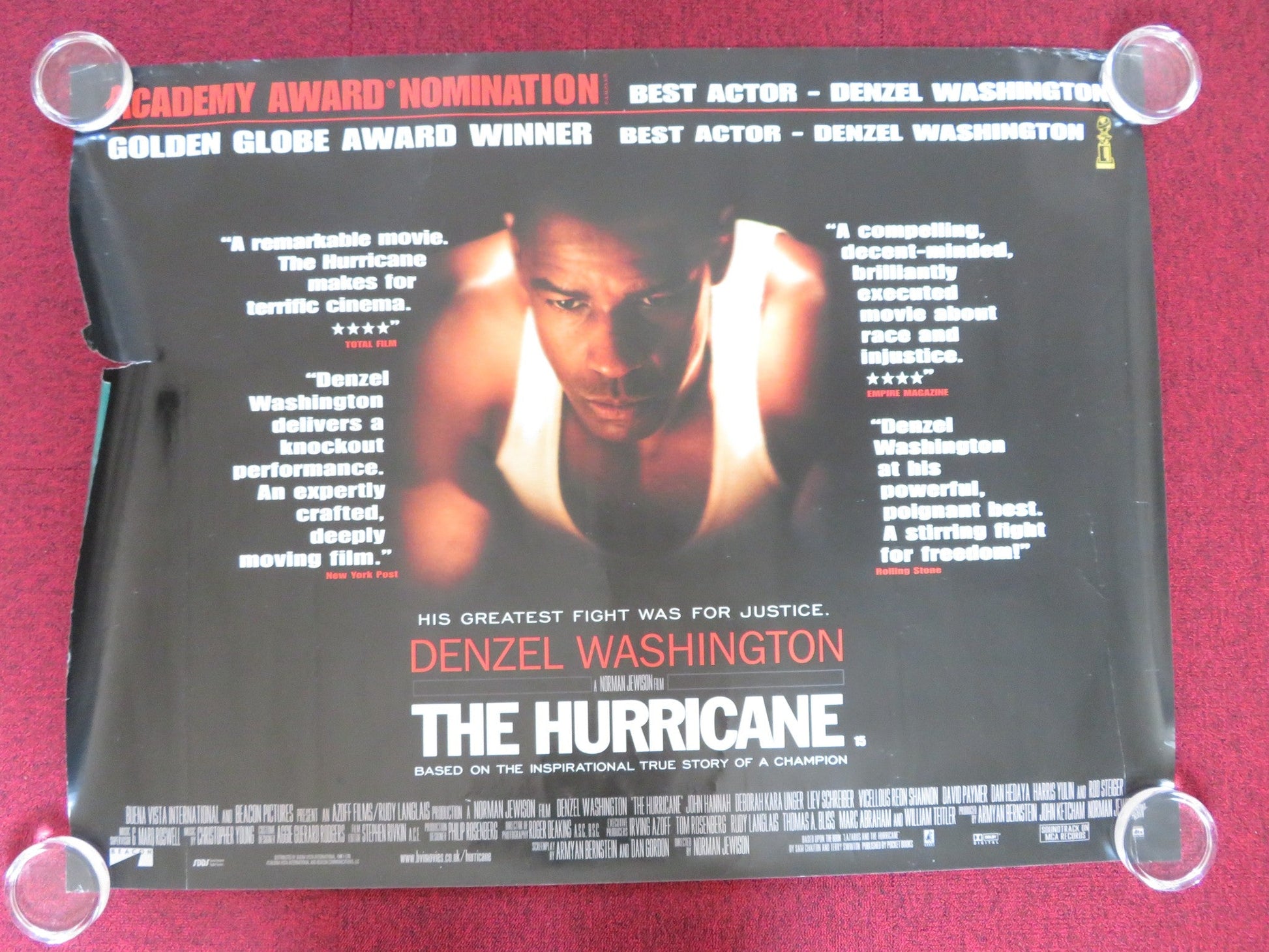 THE HURRICANE UK QUAD (30"x 40") ROLLED POSTER DENZEL WASHINGTON J. HANNAH 1999 Rendezvous Cinema Movie posters