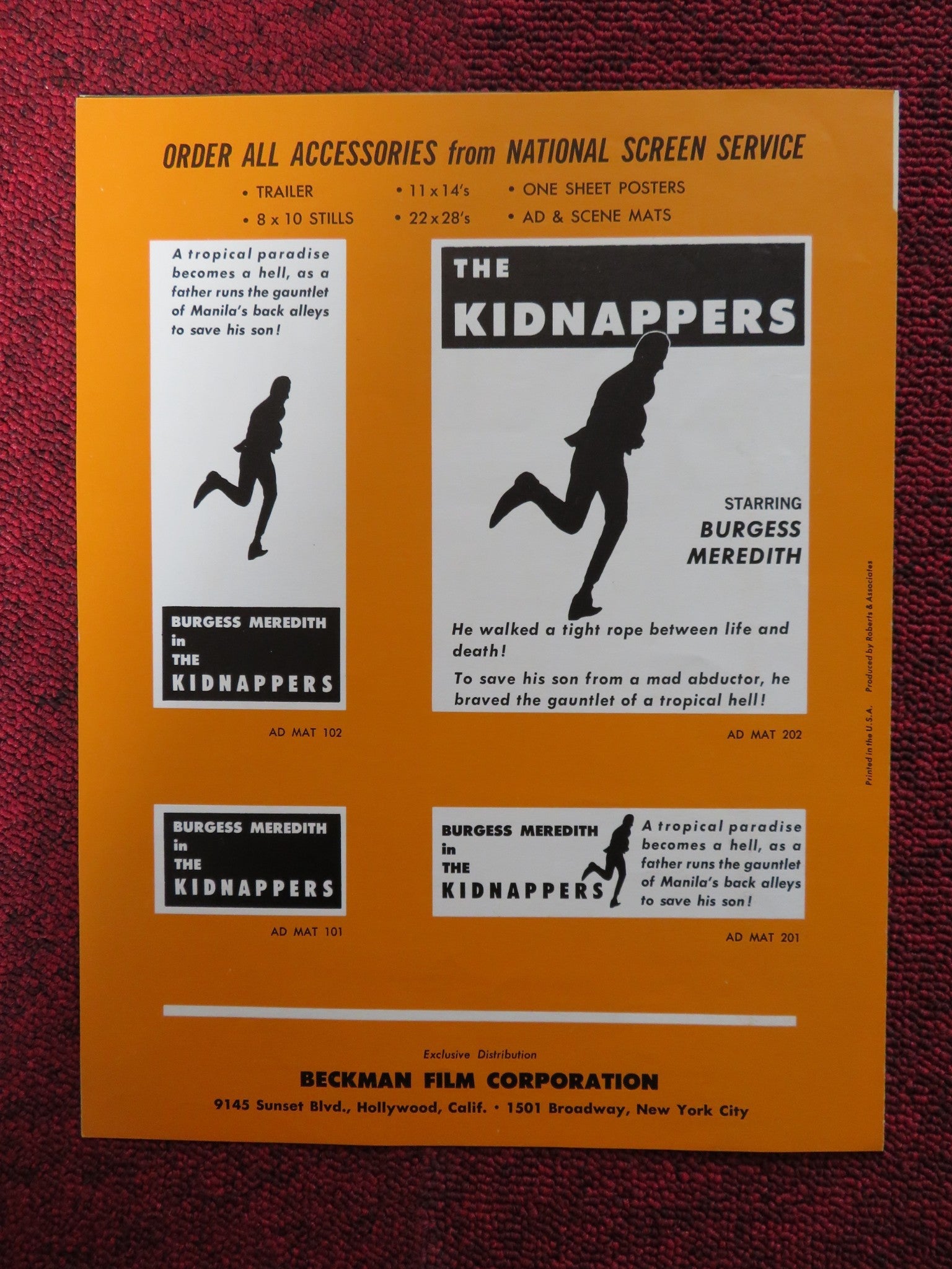 THE KIDNAPPERS - PRESSBOOK UNCUT BECKMAN FILM CORPORATION BURGESS MEREDITH 1958 Rendezvous Cinema Movie posters
