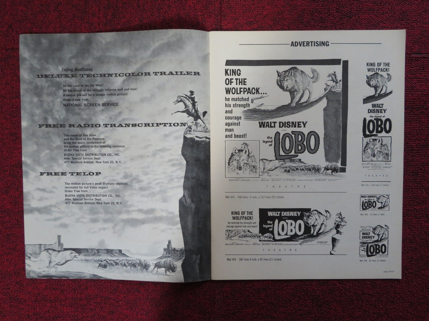 THE LEGEND OF LOBO - PRESSBOOK UNCUT BUENA VISTA DISNEY REX ALLEN 1962 Rendezvous Cinema Movie posters