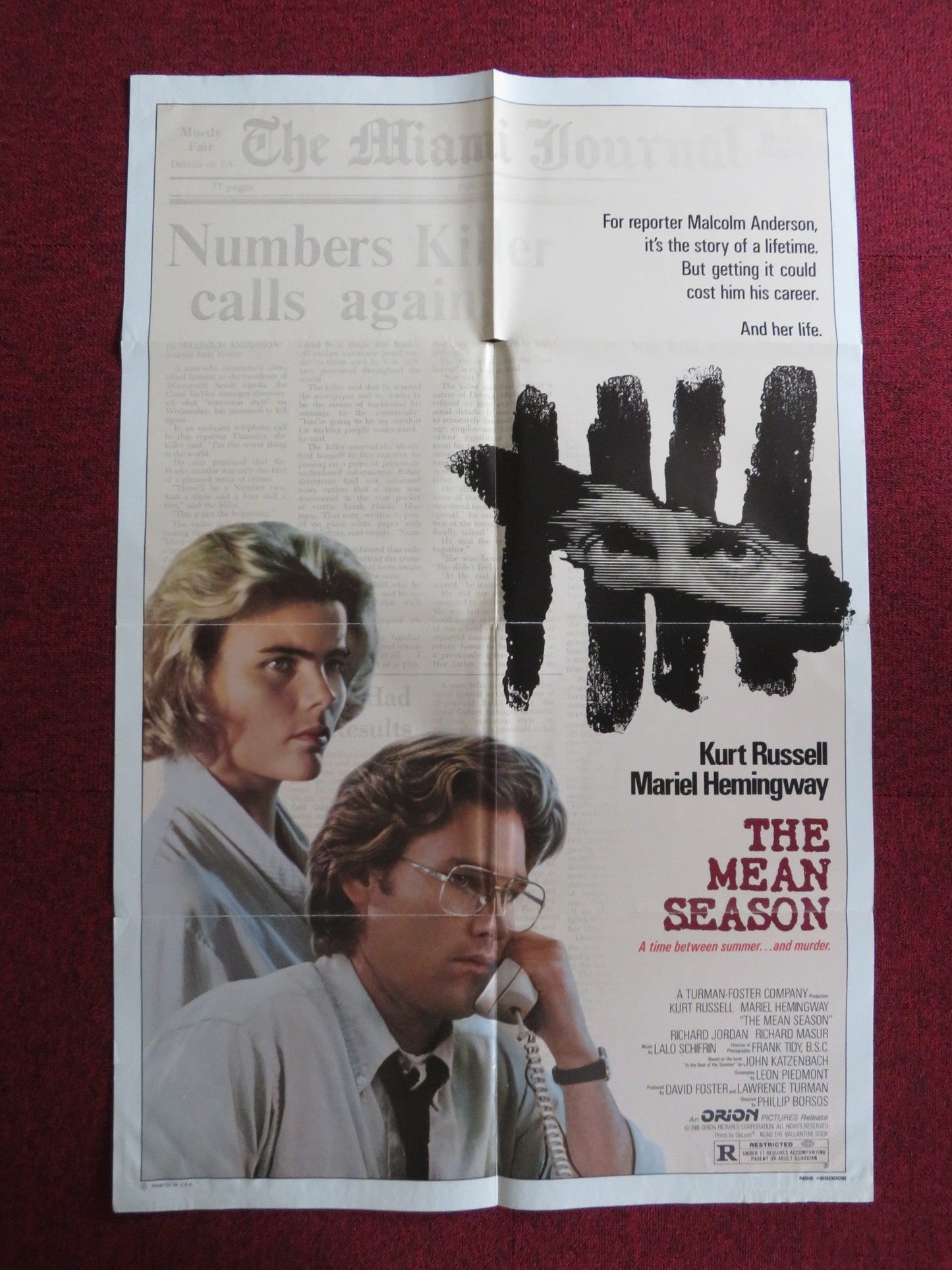 THE MEAN SEASON FOLDED US ONE SHEET POSTER KURT RUSSELL MARIEL HEMINGWAY 1985 Rendezvous Cinema Movie posters