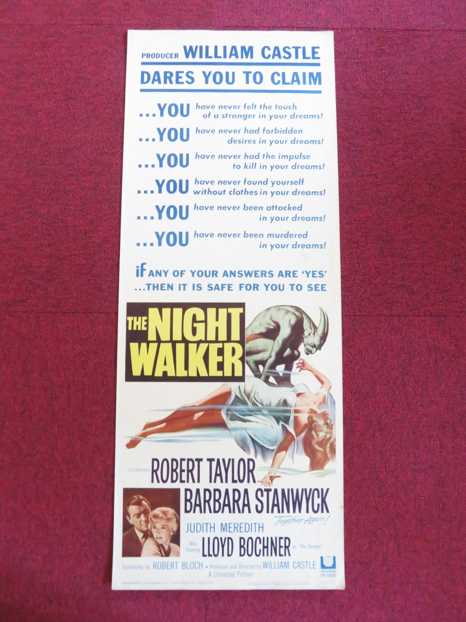 THE NIGHT WALKER US INSERT (14"x 36") POSTER ROBERT TAYLOR BARBARA STANWYCK 1965 Rendezvous Cinema Movie posters