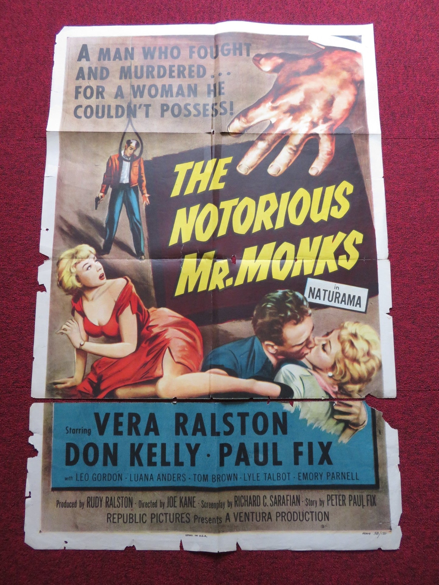 THE NOTORIOUS MR MONKS FOLDED US ONE SHEET POSTER VERA RALSTON DON KELLY 1958 Rendezvous Cinema Movie posters