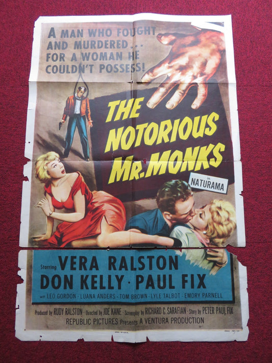 THE NOTORIOUS MR MONKS FOLDED US ONE SHEET POSTER VERA RALSTON DON KELLY 1958 Rendezvous Cinema Movie posters