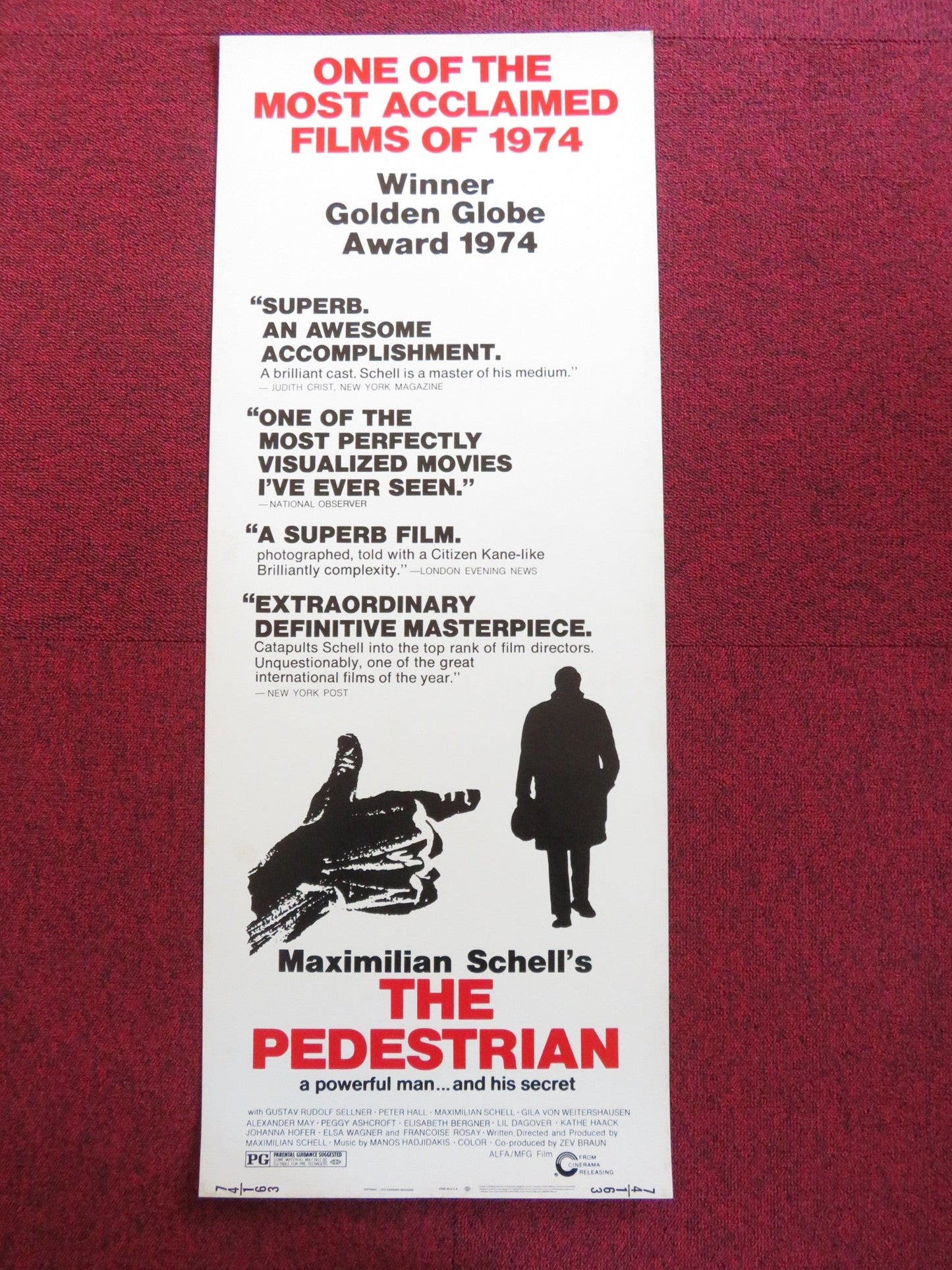 THE PEDESTRIAN US INSERT (14"x 36") POSTER GUSTAV RUDOLF SELLNER PETER HALL 1974 Rendezvous Cinema Movie posters