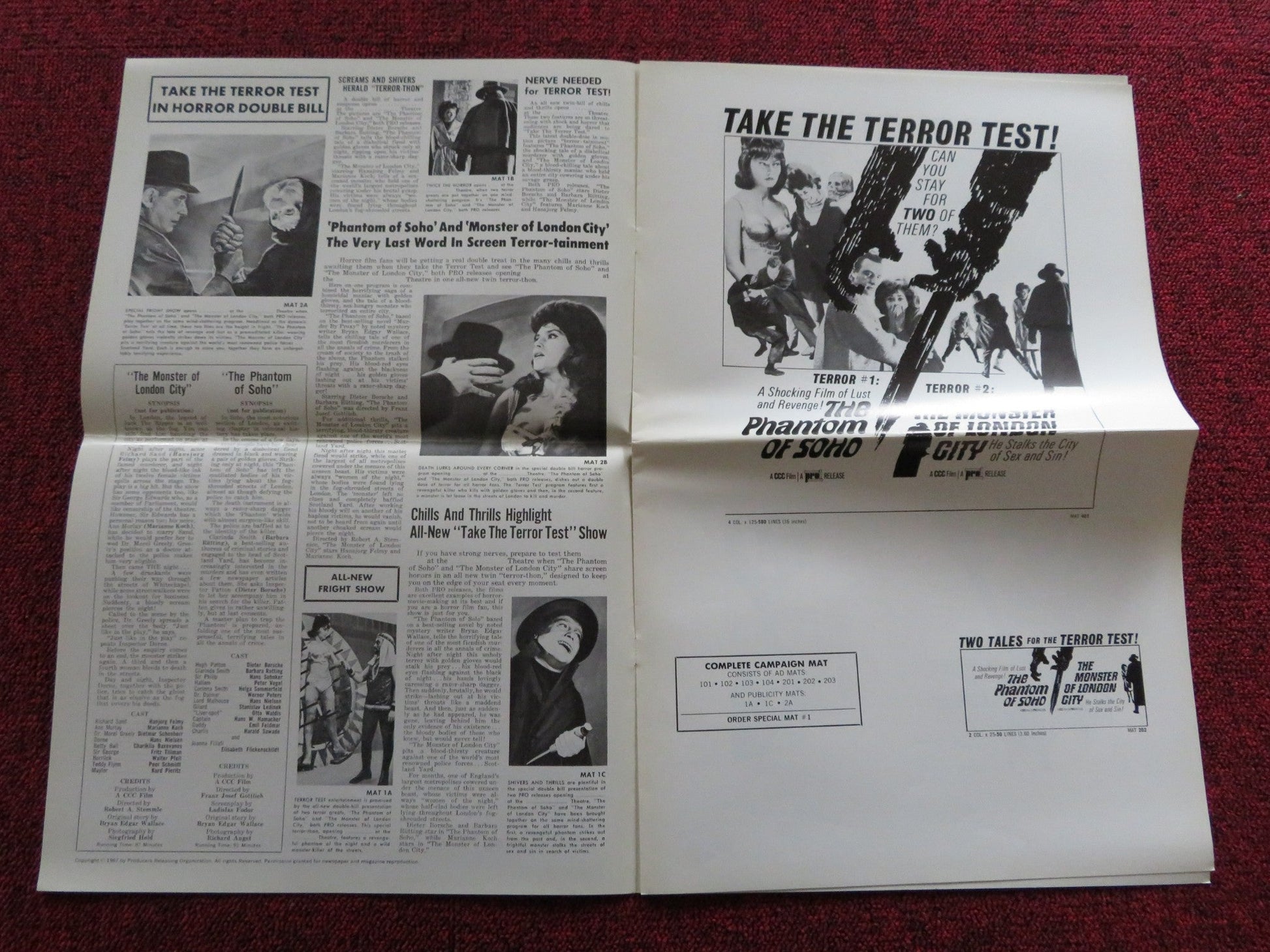 THE PHANTOM OF SOHO / THE MONSTER OF LONDON CITY US PRESSBOOK UNCUT 1967 Rendezvous Cinema Movie posters