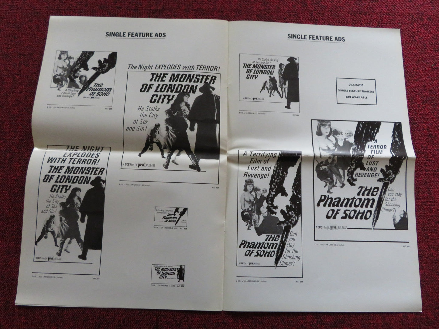 THE PHANTOM OF SOHO / THE MONSTER OF LONDON CITY US PRESSBOOK UNCUT 1967 Rendezvous Cinema Movie posters