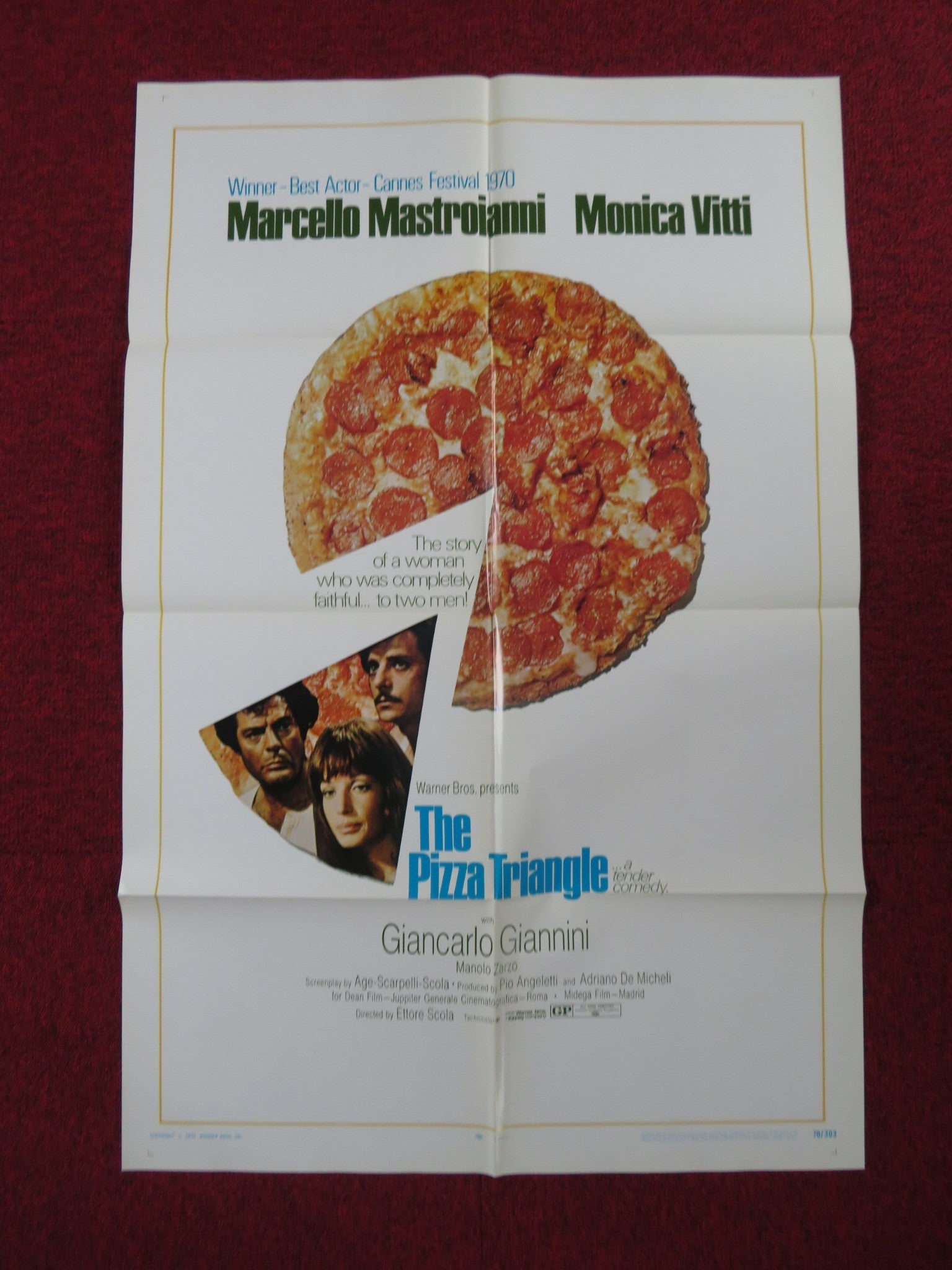 THE PIZZA TRIANGLE FOLDED US ONE SHEET POSTER MARCELLO MASTROIANNI M. VITTI 1970 Rendezvous Cinema Movie posters