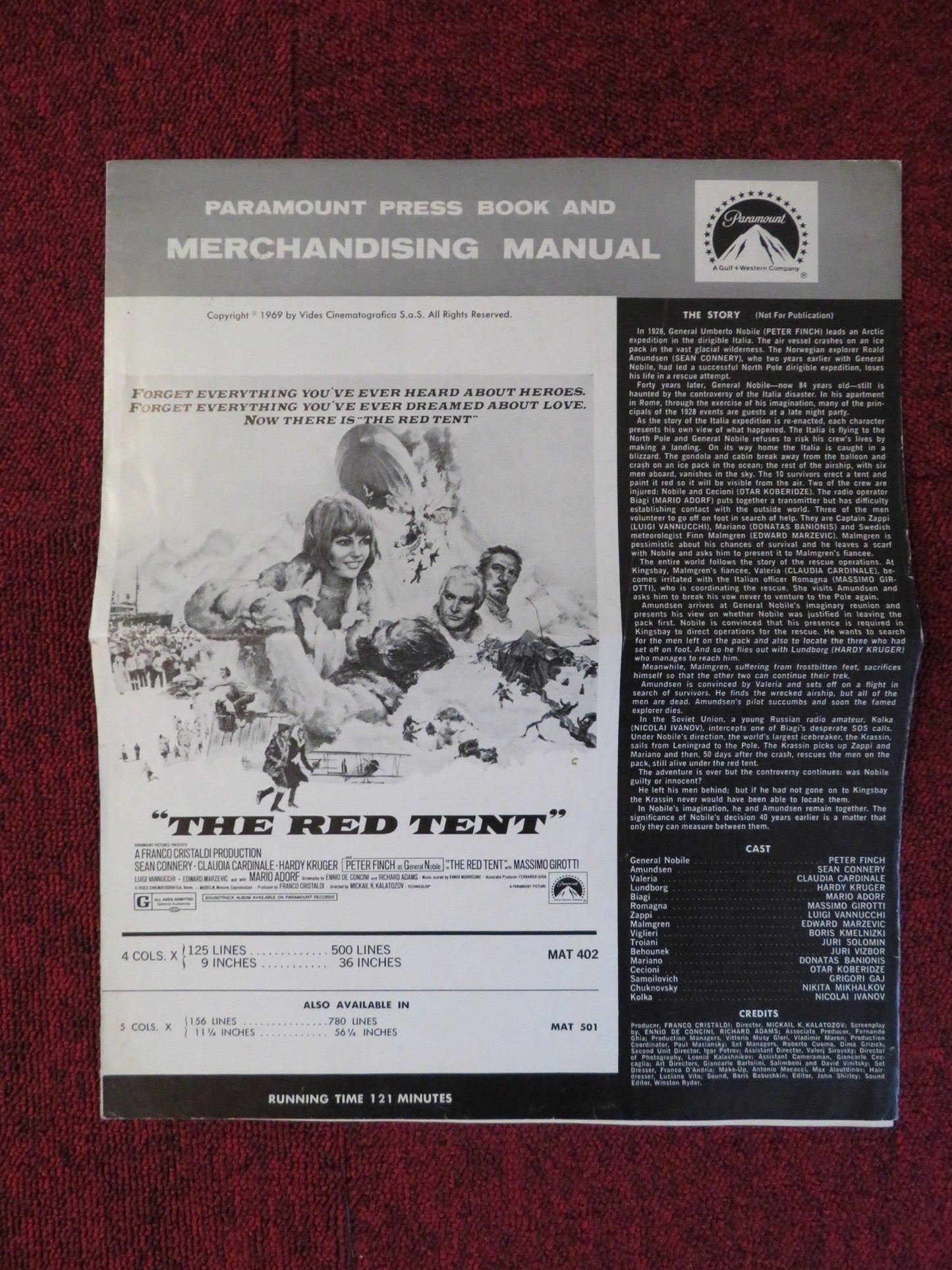 THE RED TENT UNCUT PARAMOUNT FOLDED PRESS BOOK SEAN CONNERY PETER FINCH 1969 Rendezvous Cinema Movie posters