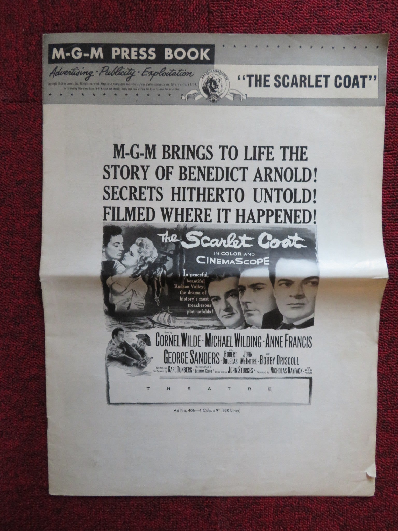 THE SCARLET COAT UNCUT M.G.M FOLDED PRESS BOOK CORNEL WILDE MICHAEL WILDING 1955 Rendezvous Cinema Movie posters