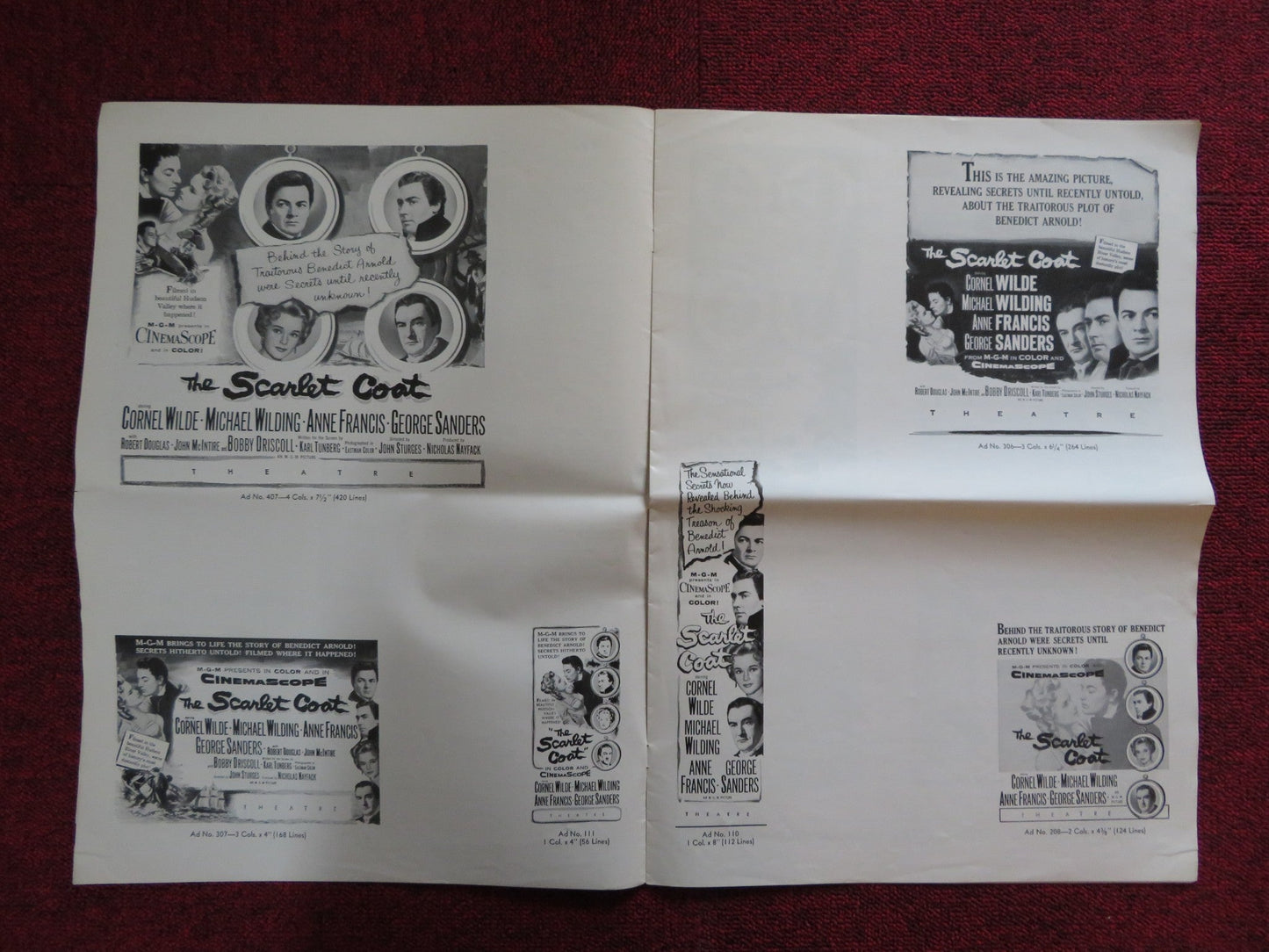 THE SCARLET COAT UNCUT M.G.M FOLDED PRESS BOOK CORNEL WILDE MICHAEL WILDING 1955 Rendezvous Cinema Movie posters