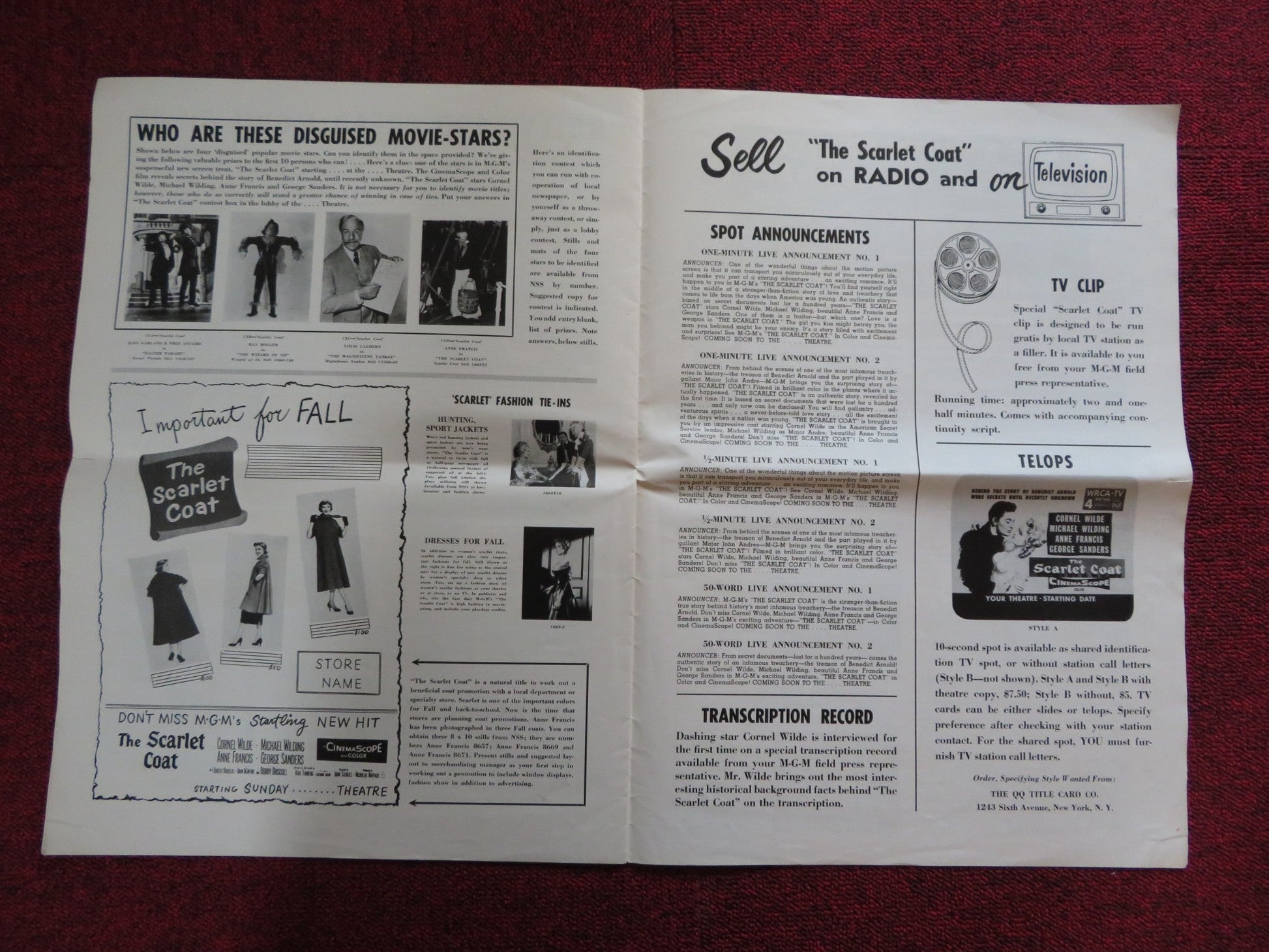 THE SCARLET COAT UNCUT M.G.M FOLDED PRESS BOOK CORNEL WILDE MICHAEL WILDING 1955 Rendezvous Cinema Movie posters
