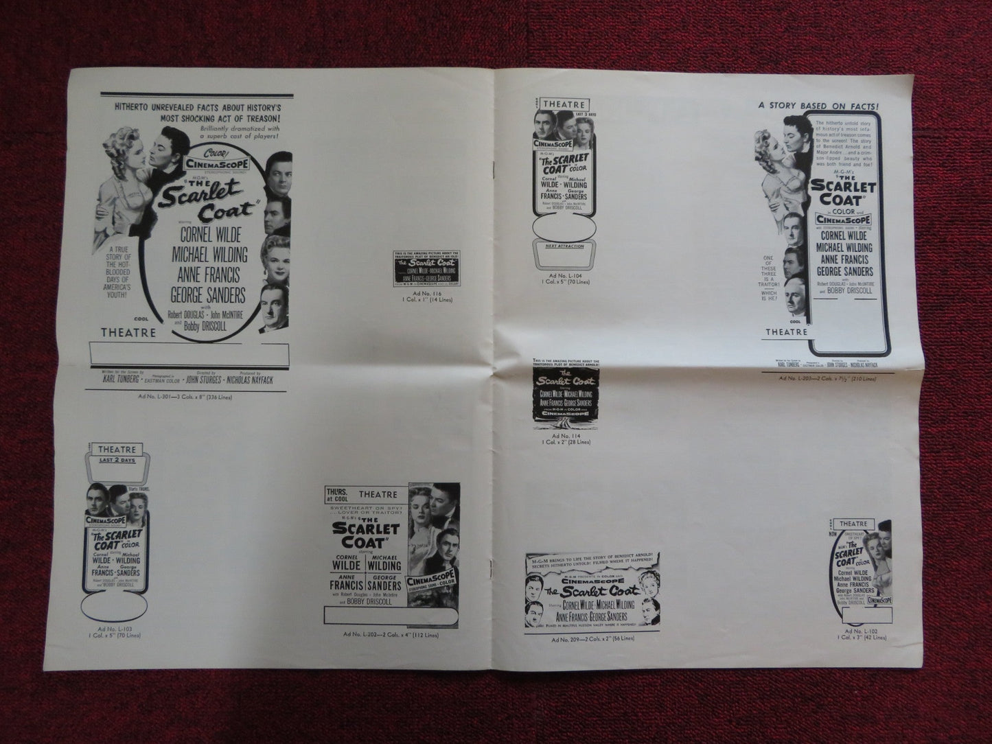 THE SCARLET COAT UNCUT M.G.M FOLDED PRESS BOOK CORNEL WILDE MICHAEL WILDING 1955 Rendezvous Cinema Movie posters