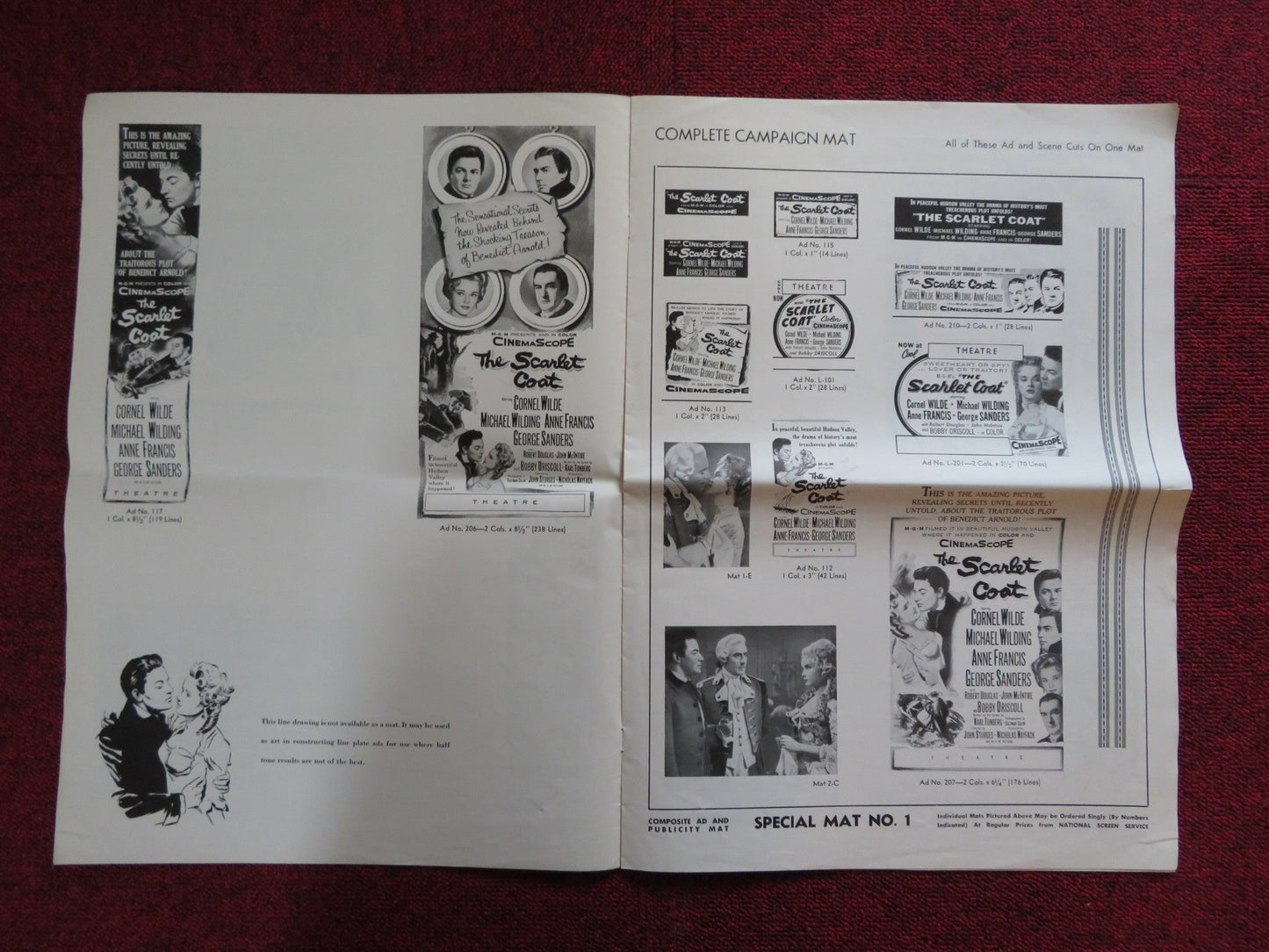 THE SCARLET COAT UNCUT M.G.M FOLDED PRESS BOOK CORNEL WILDE MICHAEL WILDING 1955 Rendezvous Cinema Movie posters