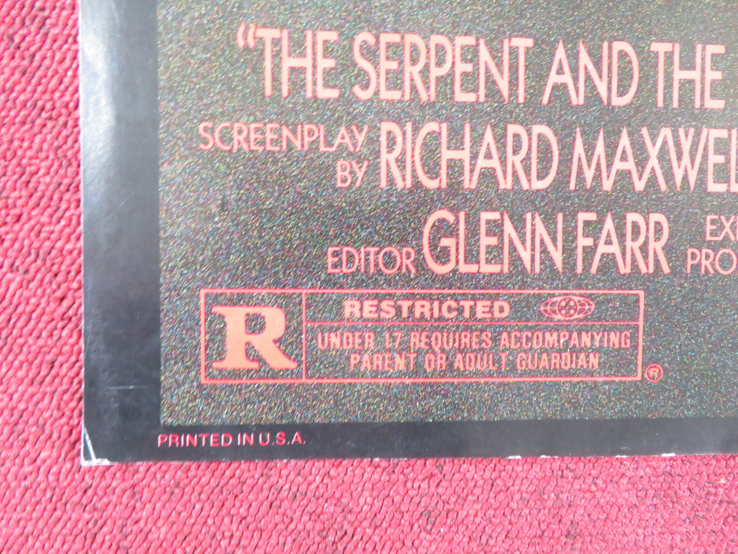 THE SERPENT AND THE RAINBOW FOLDED US ONE SHEET POSTER WES CRAVEN B. PULLMAN '88 Rendezvous Cinema Movie posters