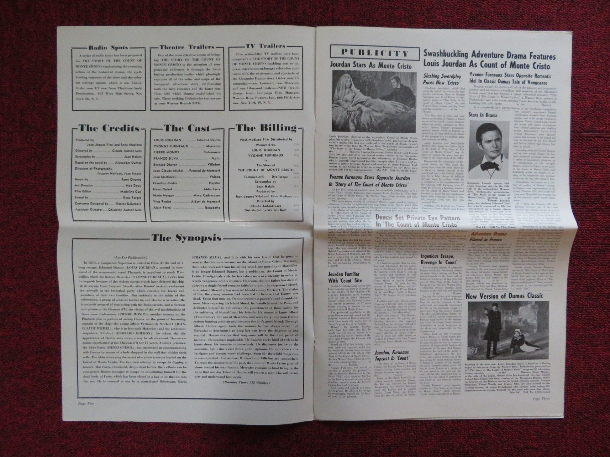 THE STORY OF THE COUNT OF MONTE CRISTO UNCUT WARNER BROS. FOLDED PRESS BOOK 1961 Rendezvous Cinema Movie posters