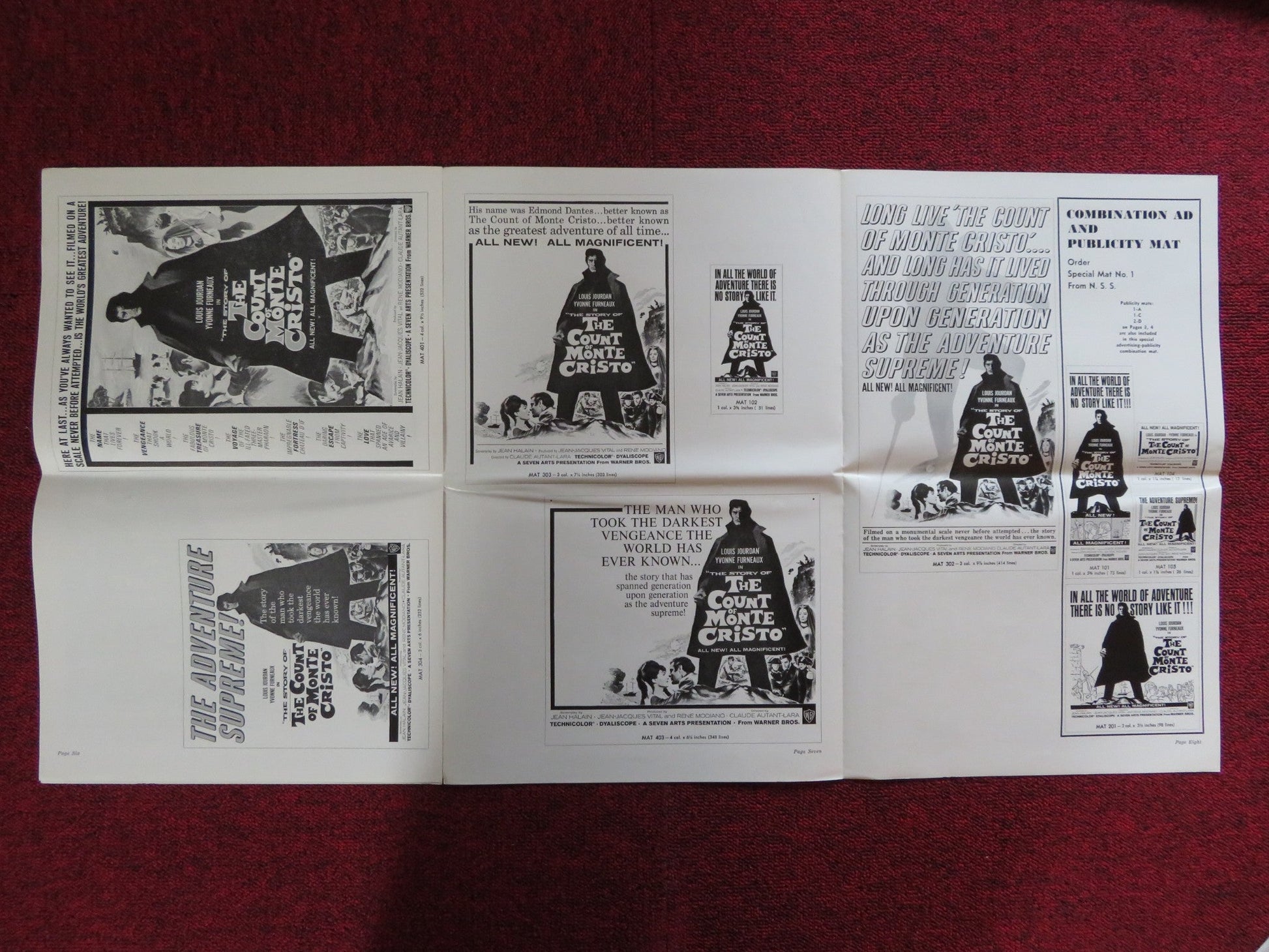 THE STORY OF THE COUNT OF MONTE CRISTO UNCUT WARNER BROS. FOLDED PRESS BOOK 1961 Rendezvous Cinema Movie posters