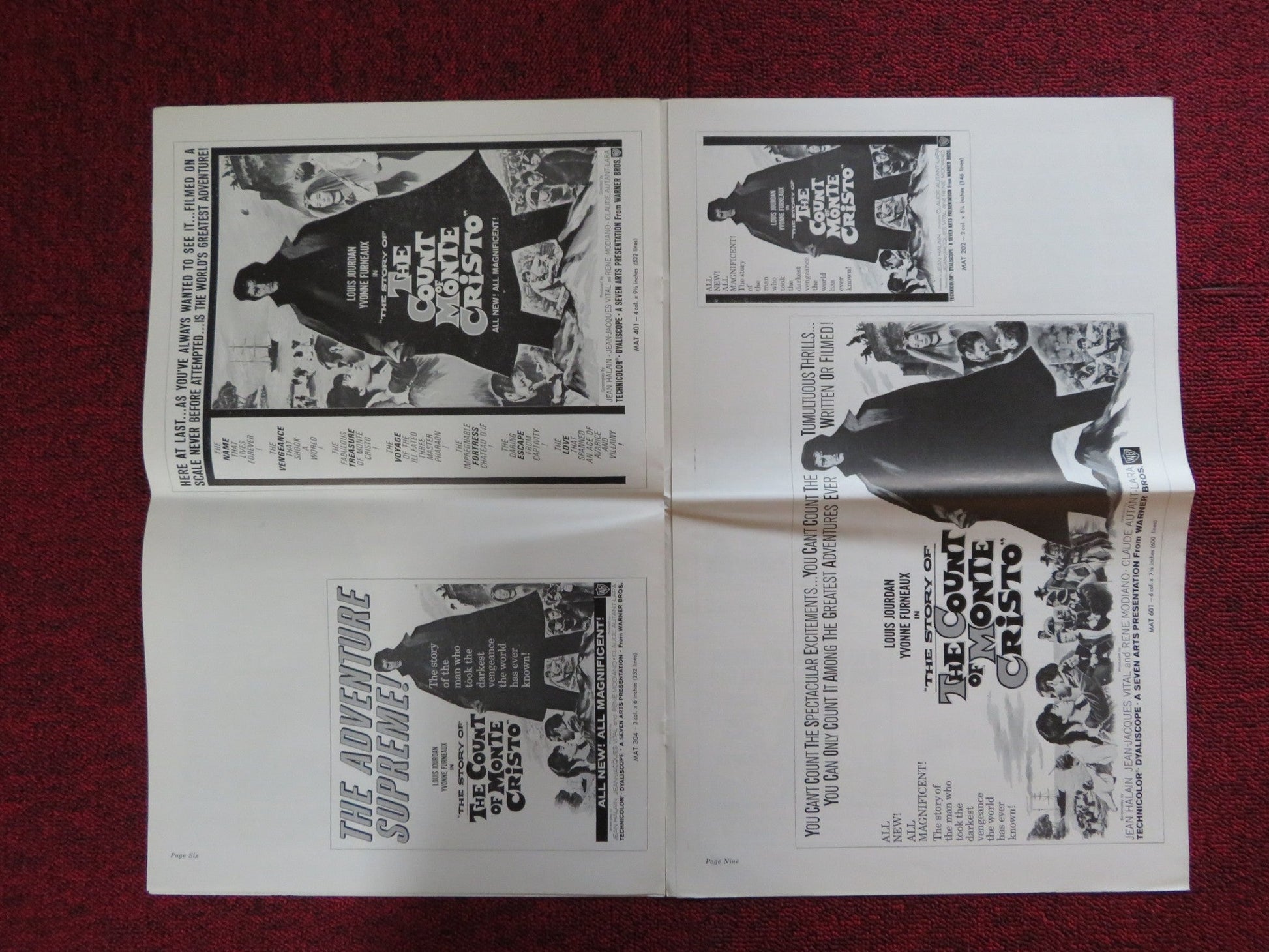 THE STORY OF THE COUNT OF MONTE CRISTO UNCUT WARNER BROS. FOLDED PRESS BOOK 1961 Rendezvous Cinema Movie posters