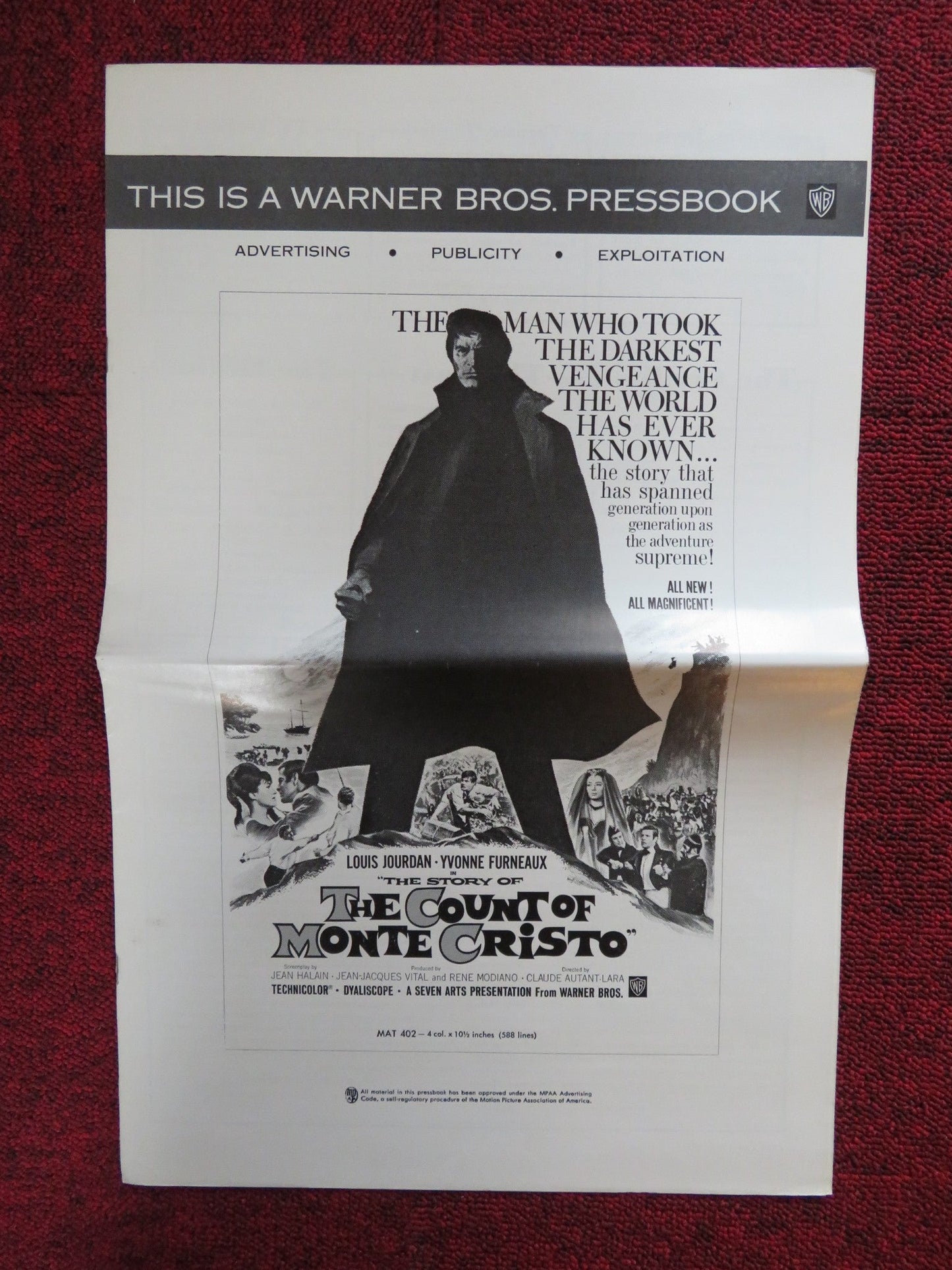 THE STORY OF THE COUNT OF MONTE CRISTO UNCUT WARNER BROS. FOLDED PRESS BOOK 1961 Rendezvous Cinema Movie posters