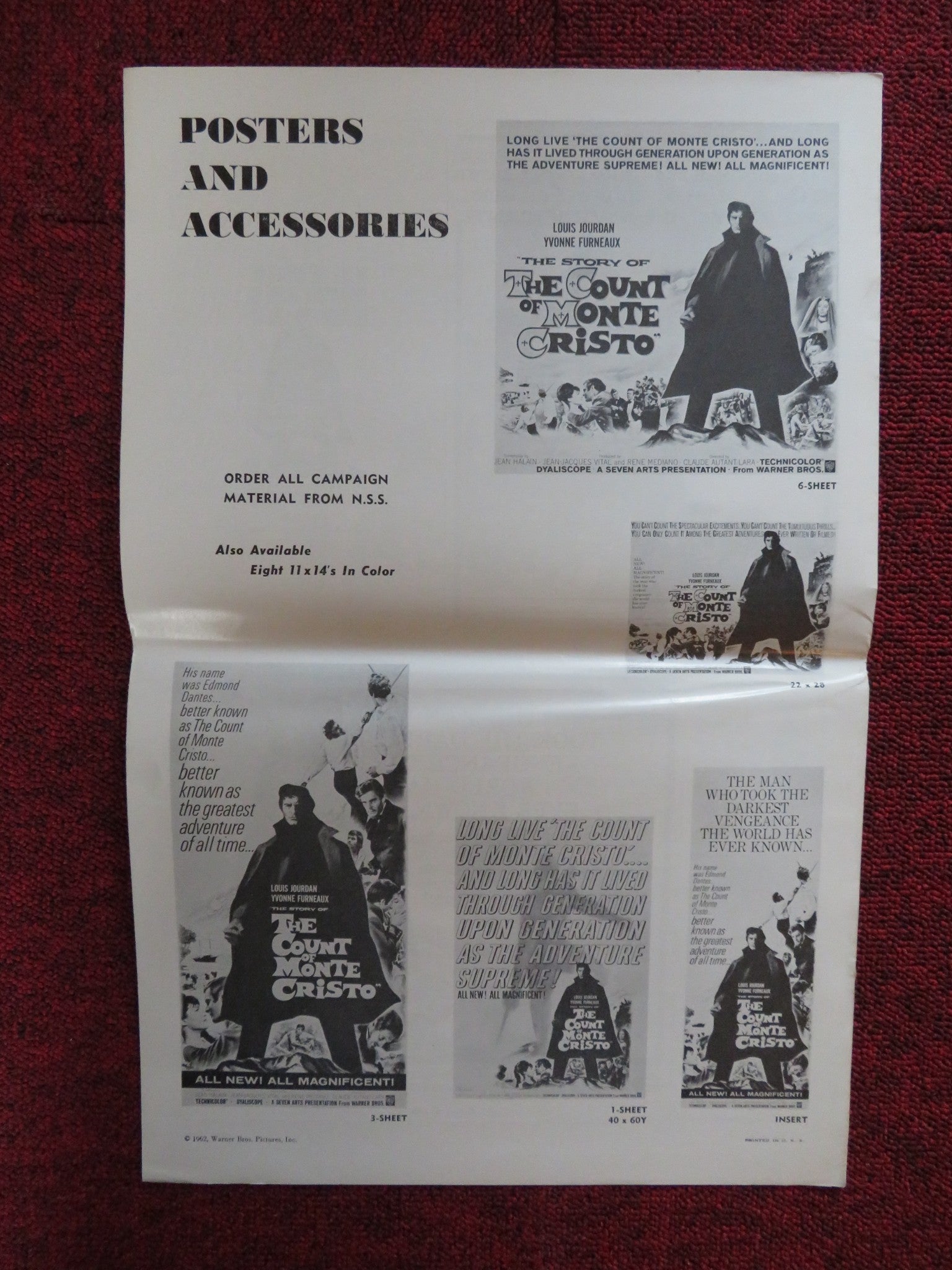 THE STORY OF THE COUNT OF MONTE CRISTO UNCUT WARNER BROS. FOLDED PRESS BOOK 1961 Rendezvous Cinema Movie posters