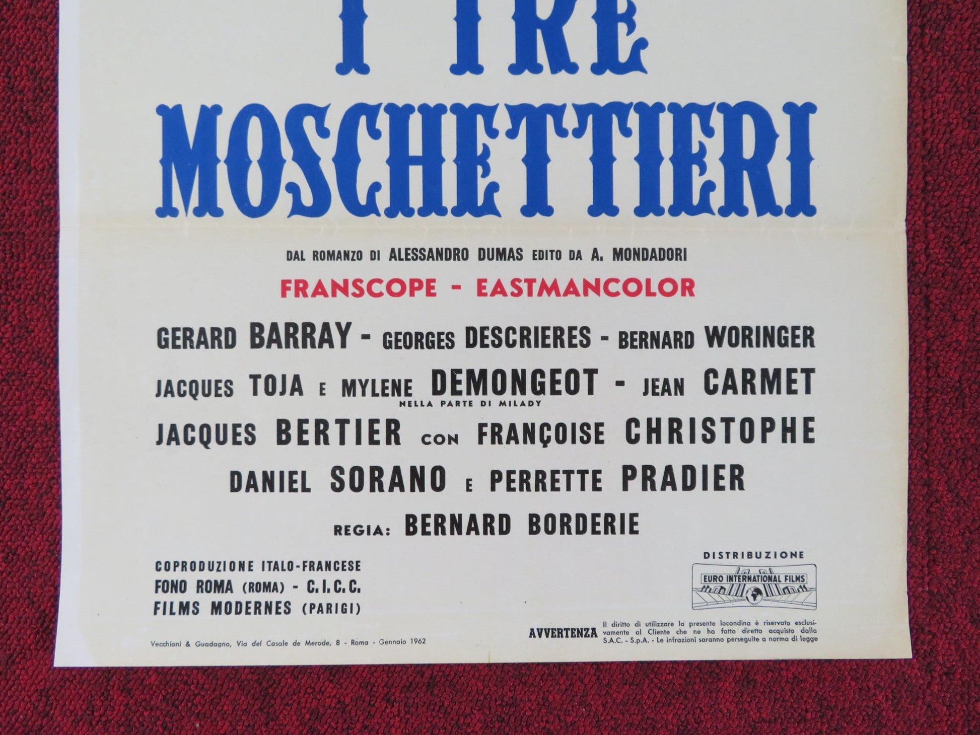 THE THREE MUSKETEERS ITALIAN LOCANDINA POSTER GERARD BARRAY G. DESCRIERES 1962 Rendezvous Cinema Movie posters