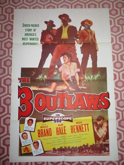 THE THREE OUTLAWS US ONE SHEET POSTER NEVILLE BRAND ALAN HALE 1956 Movie posters