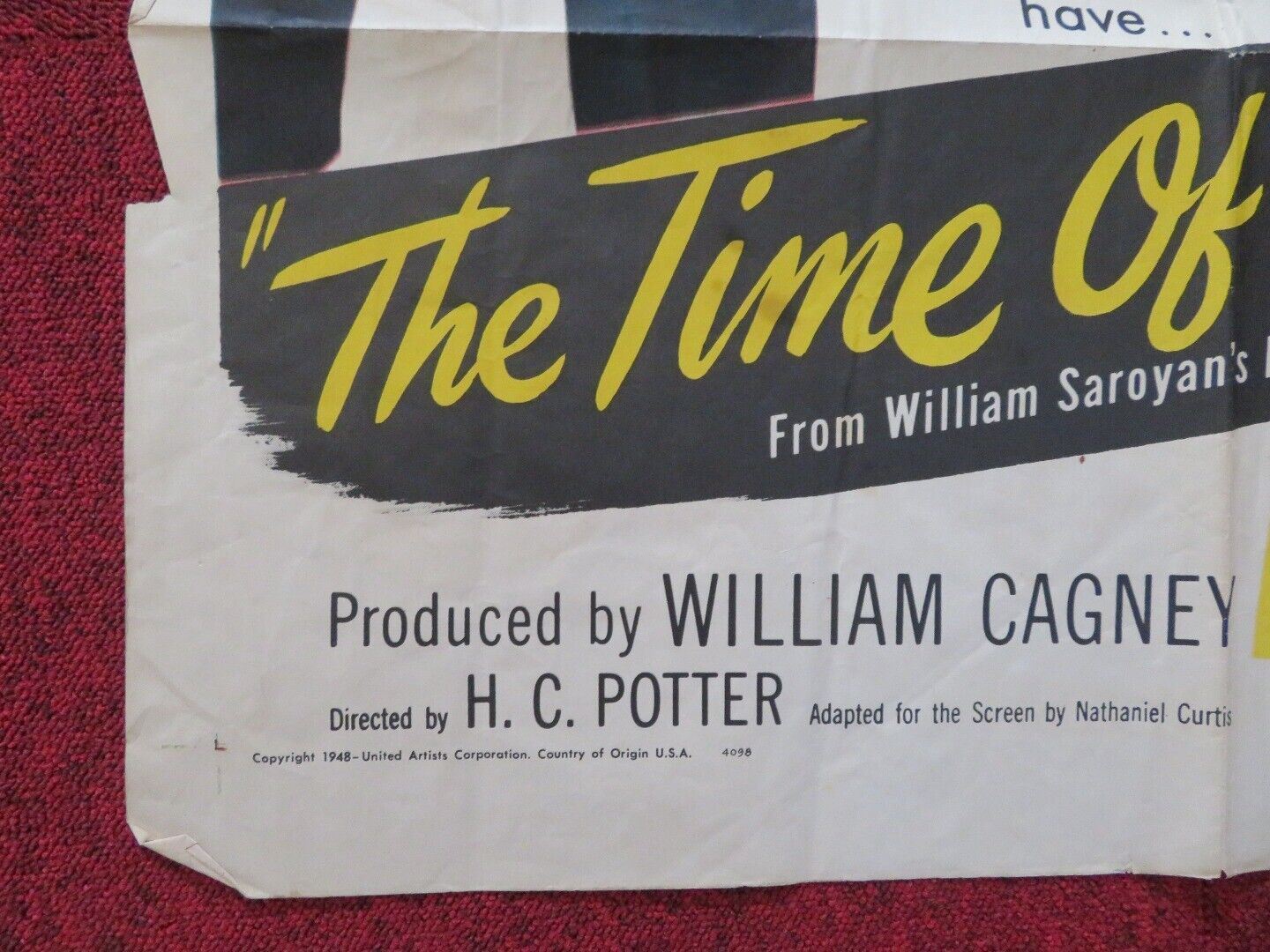 THE TIME OF YOUR LIFE FOLDED US ONE SHEET POSTER BRODERICK CRAWFRORD 1948 Movie posters