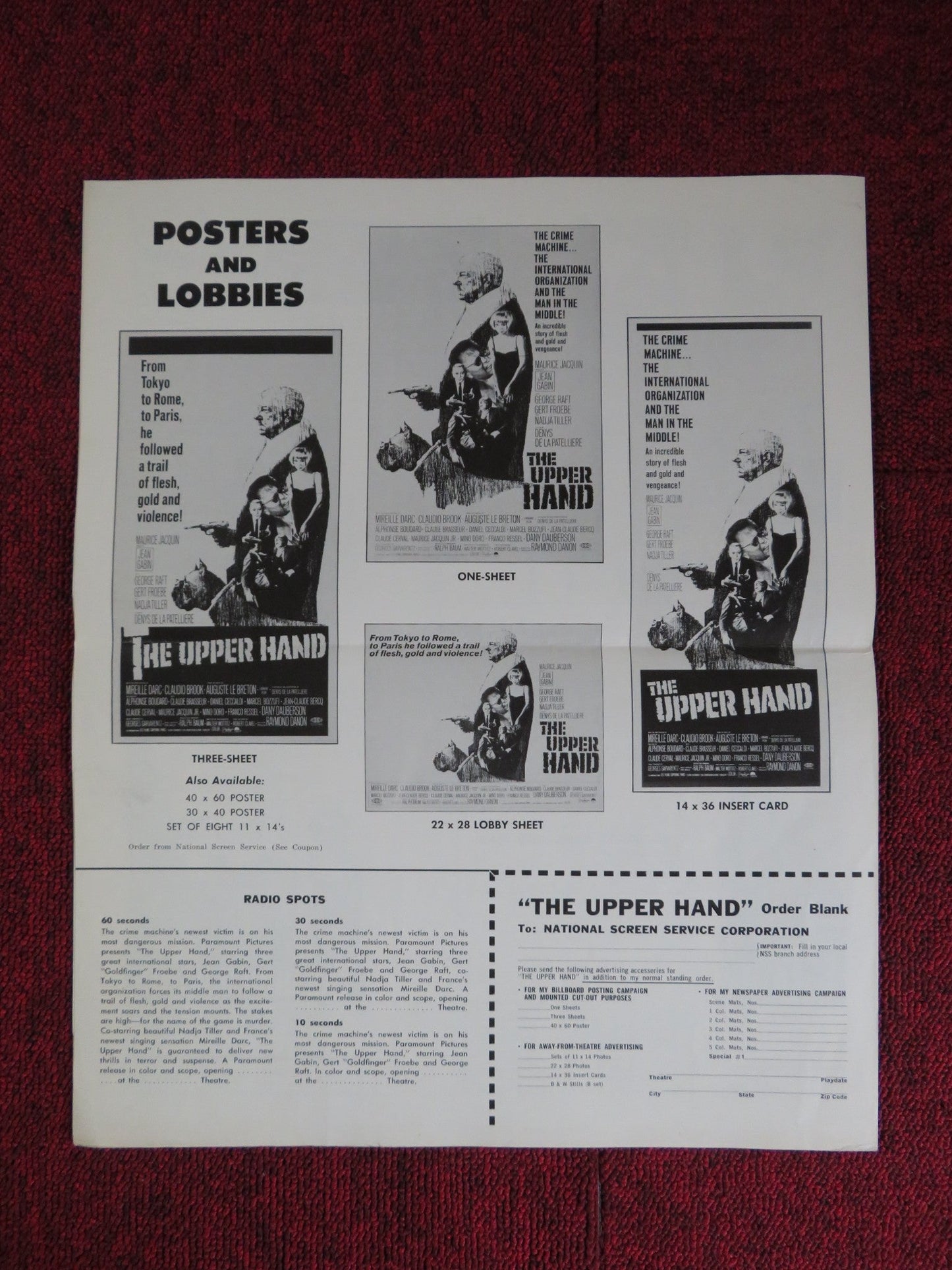 THE UPPER HAND UNCUT PARAMOUNT FOLDED PRESS BOOK GEORGE RAFT GERT FROEBE 1966 Rendezvous Cinema Movie posters