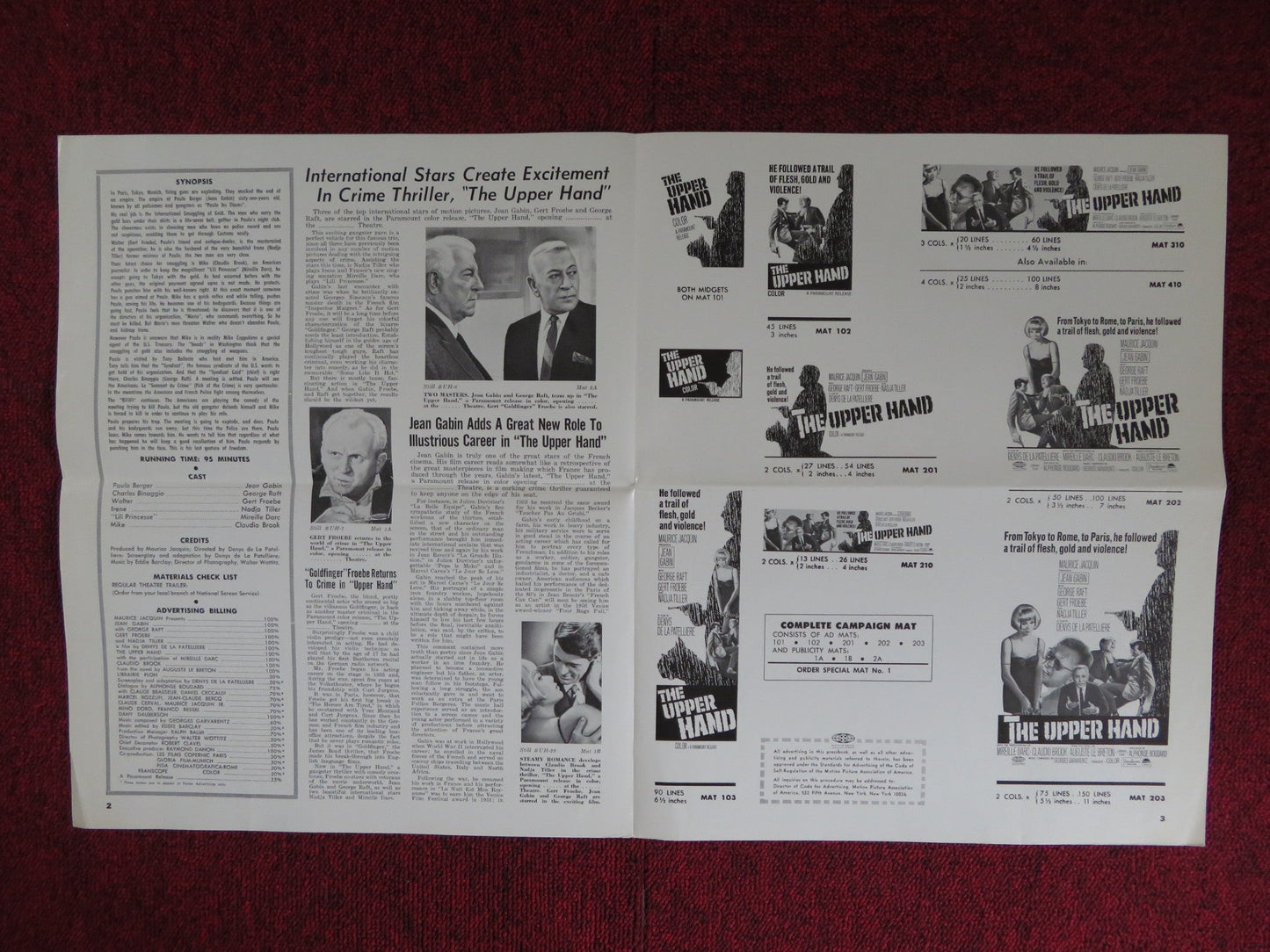 THE UPPER HAND UNCUT PARAMOUNT FOLDED PRESS BOOK GEORGE RAFT GERT FROEBE 1966 Rendezvous Cinema Movie posters