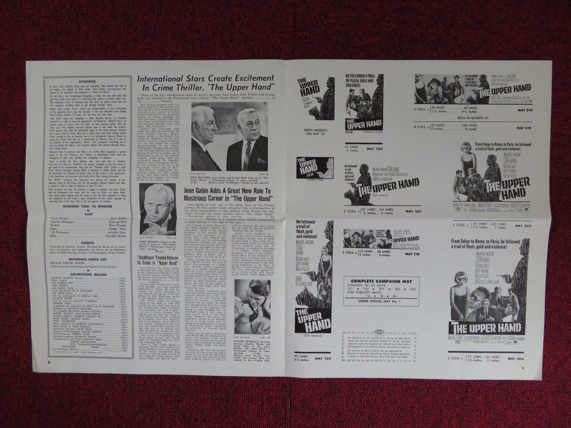 THE UPPER HAND UNCUT PARAMOUNT FOLDED PRESS BOOK GEORGE RAFT GERT FROEBE 1966 Rendezvous Cinema Movie posters