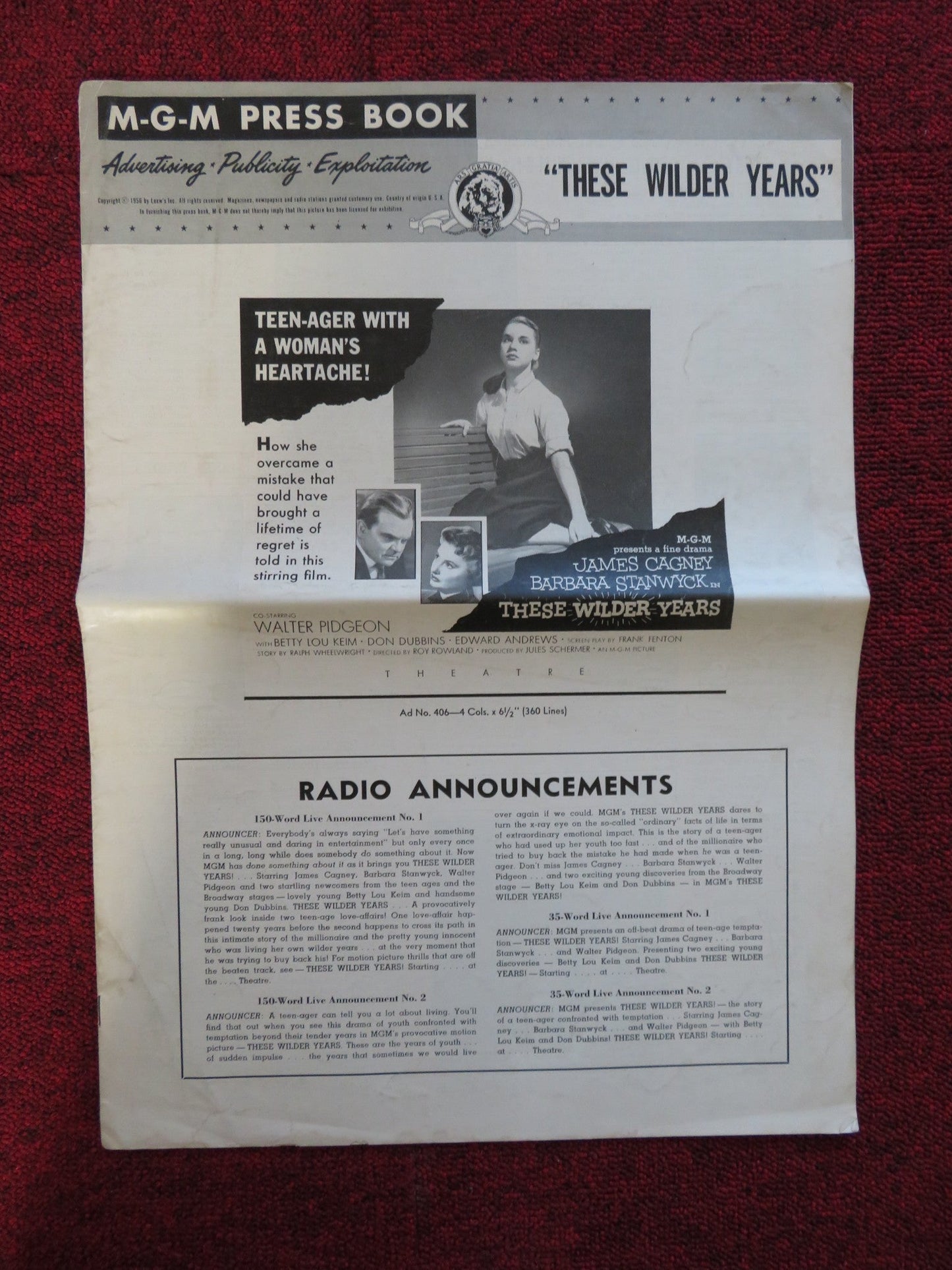 THESE WILDER YEARS UNCUT M.G.M FOLDED PRESS BOOK JAMES CAGNEY STANWYCK 1956 Rendezvous Cinema Movie posters