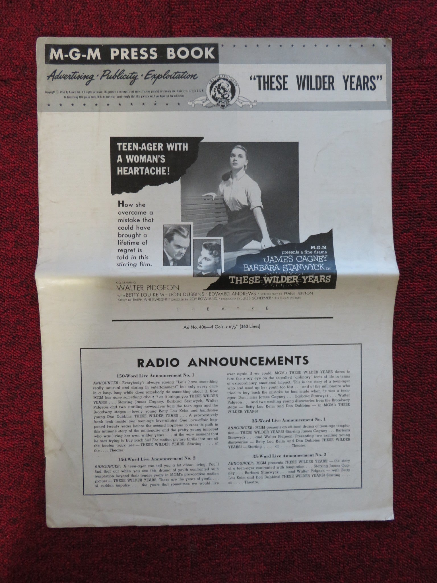THESE WILDER YEARS UNCUT M.G.M FOLDED PRESS BOOK JAMES CAGNEY STANWYCK 1956 Rendezvous Cinema Movie posters
