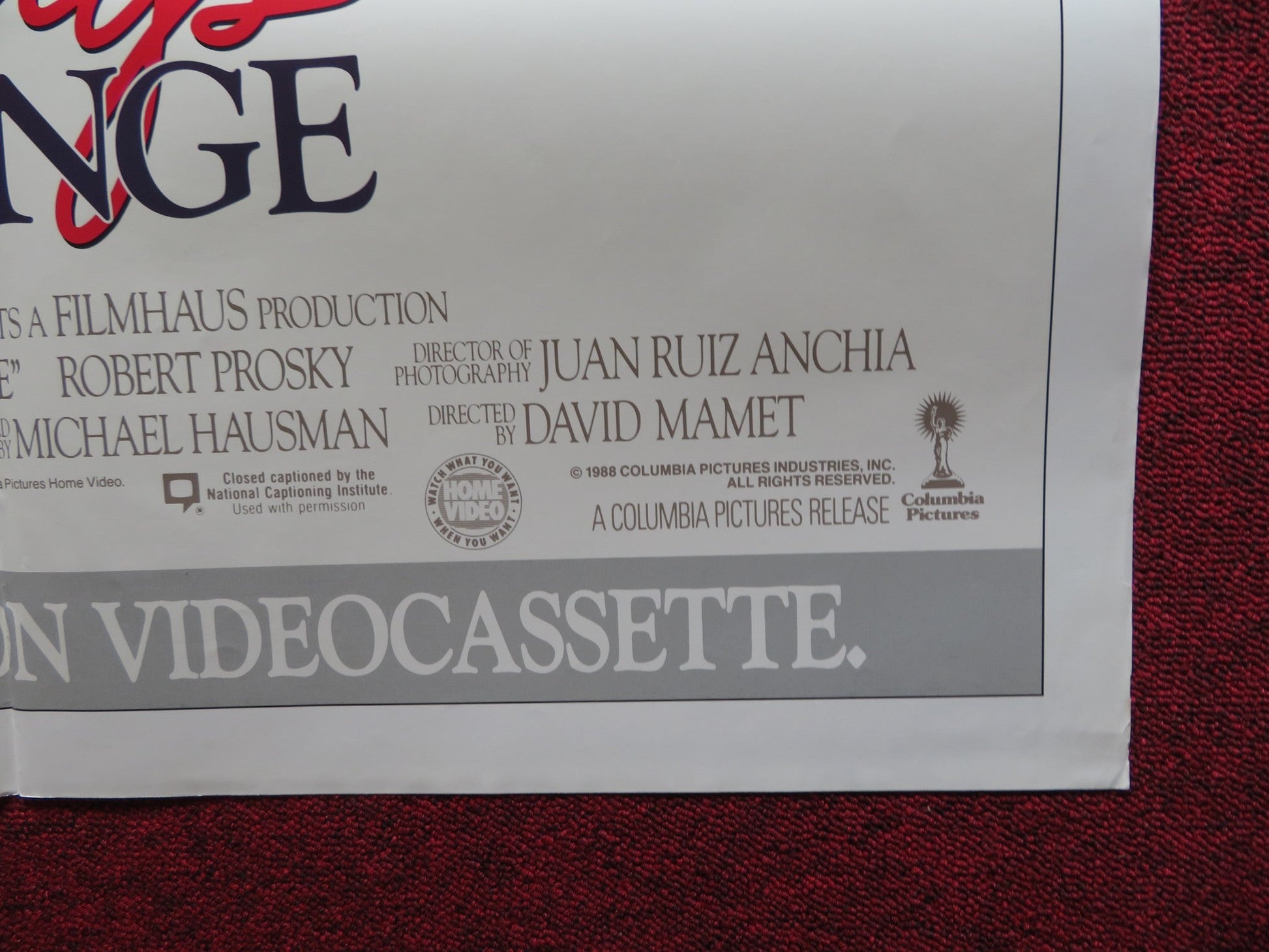 THINGS CHANGE VHS FOLDED US ONE SHEET POSTER DON AMECHE JOE MANTEGNA 1988 Rendezvous Cinema Movie posters