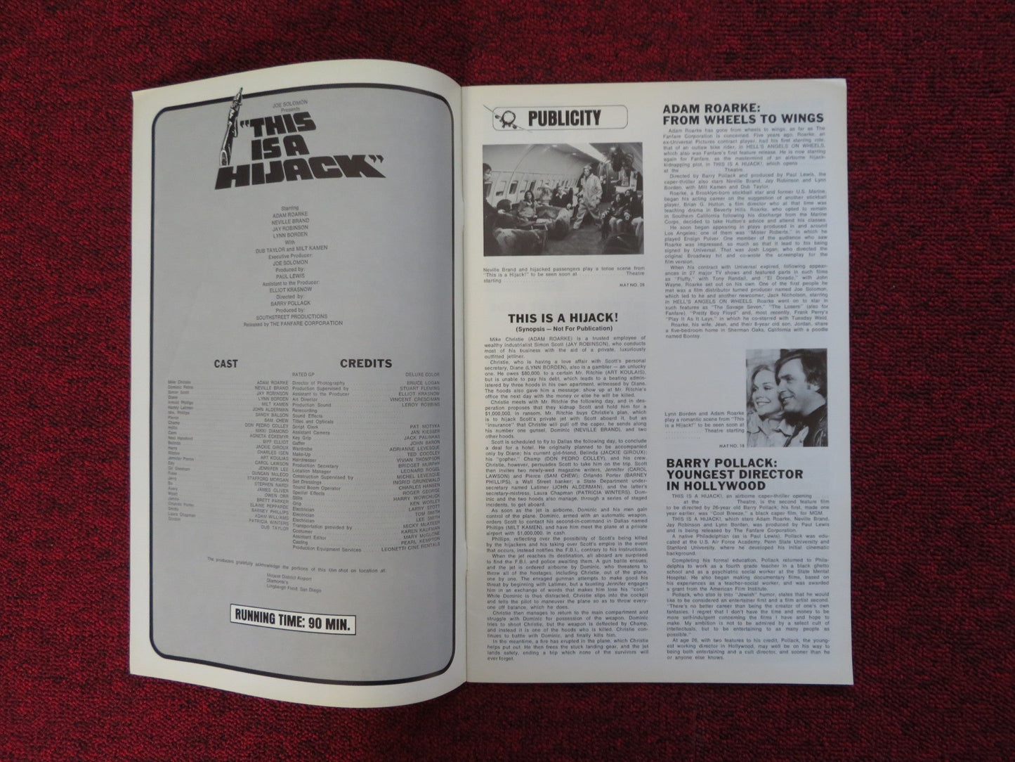 THIS IS A HIJACK UNCUT FANFARE PRESS BOOK ADAM ROARKE NEVILLE BRAND 1973 Rendezvous Cinema Movie posters