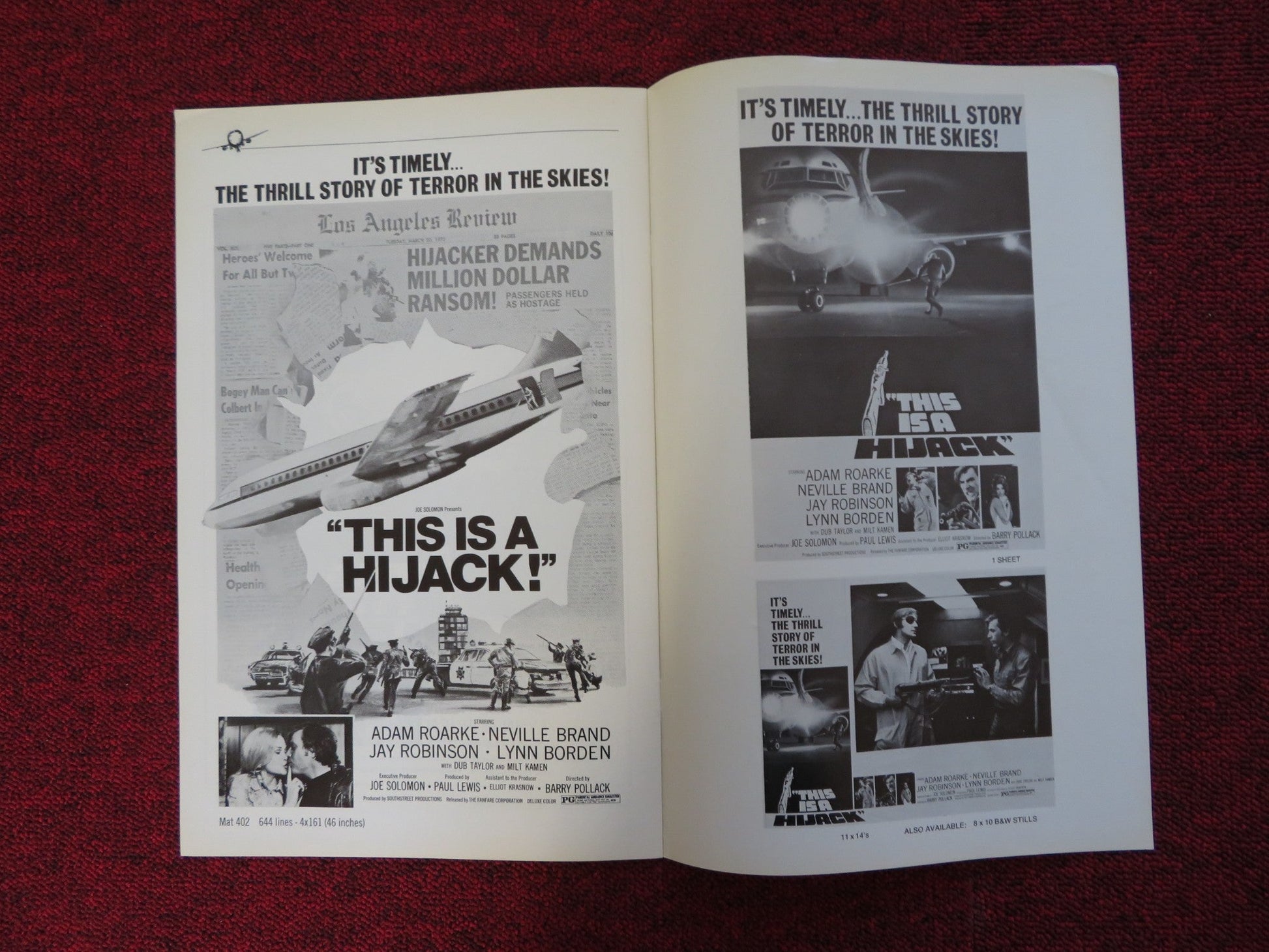 THIS IS A HIJACK UNCUT FANFARE PRESS BOOK ADAM ROARKE NEVILLE BRAND 1973 Rendezvous Cinema Movie posters