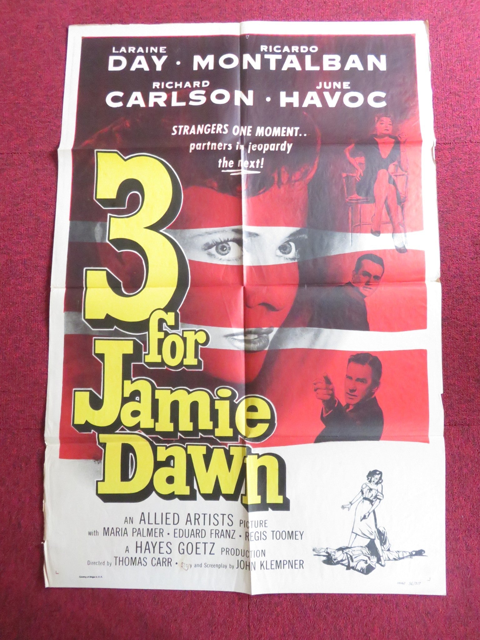 THREE FOR JAMIE DAWN FOLDED US ONE SHEET POSTER LARAINE DAY R. MONTALBAN 1956 Rendezvous Cinema Movie posters